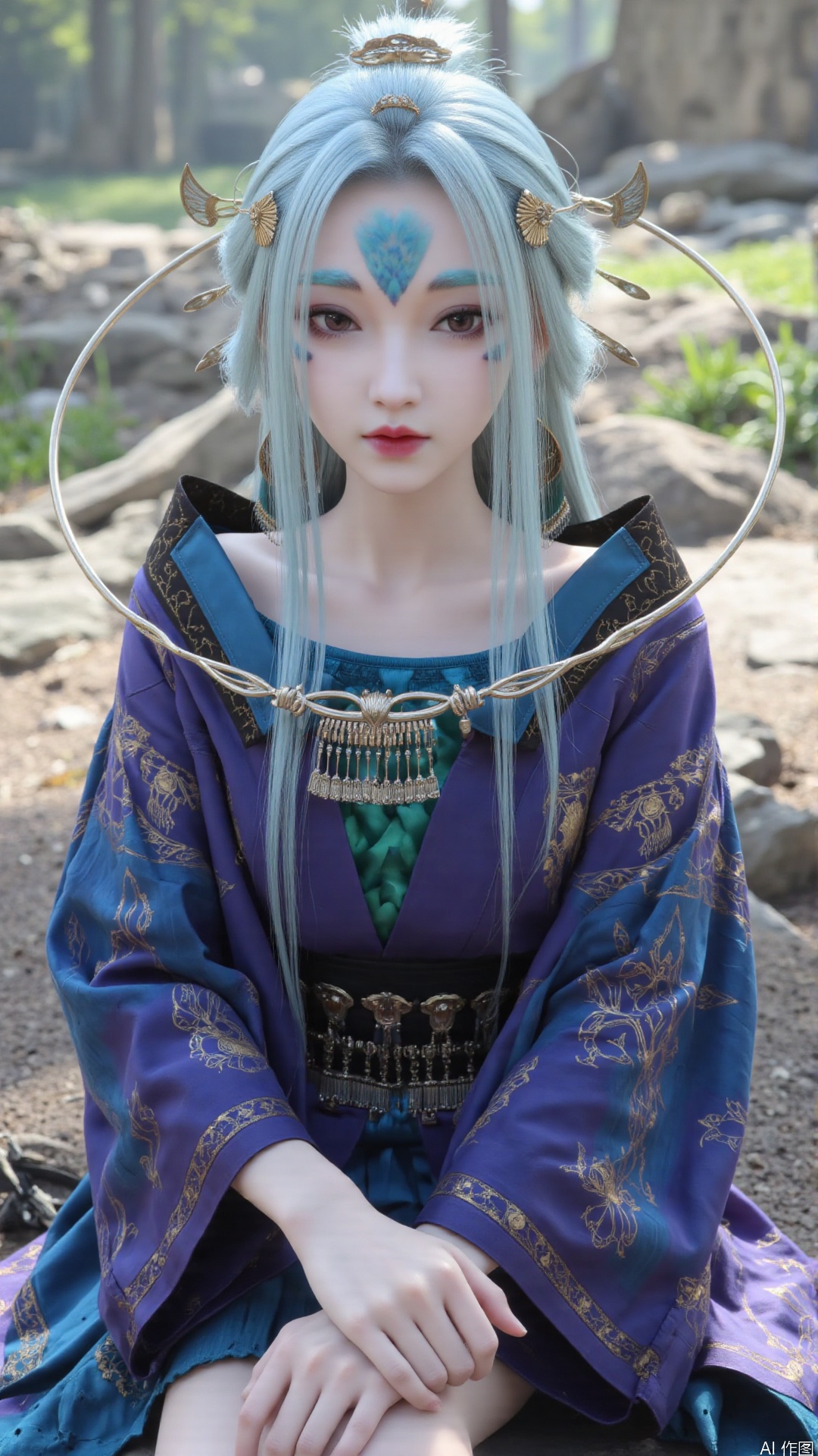 1girl, solo, long hair, forehead mark, hair ornament, facial mark, lips, blue hair, realistic, looking at viewer, hair stick, perfect body, scenery, sharp focus, best quality, masterpiece, detailed outfit, illustration, perfect eyes, finely detailed beautiful anime eyes, realistic skin, intricate details, best lighting, depth of field, ultra high resolution, sitting