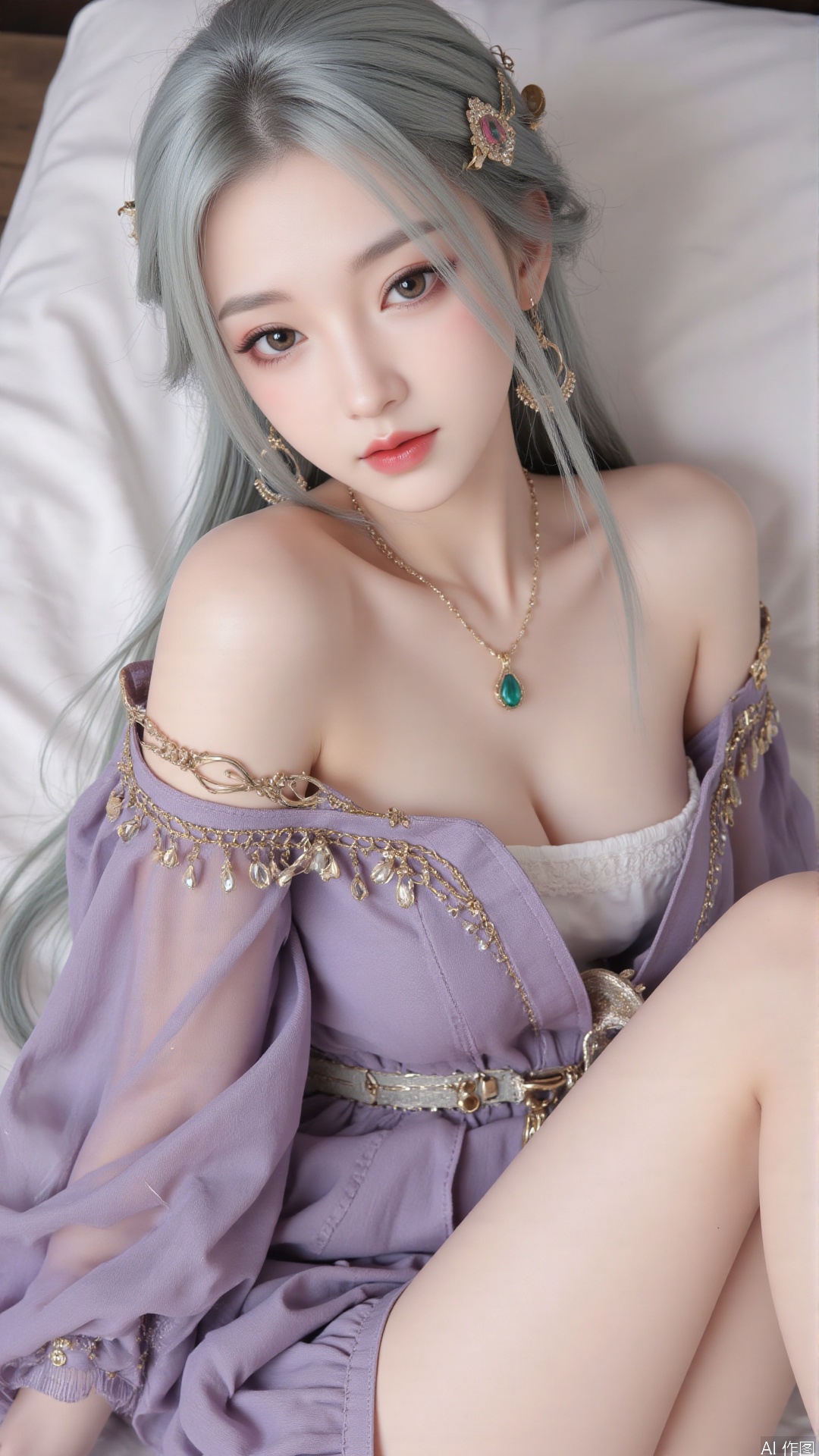 1girl, solo, jewelry, earrings, breasts, necklace, dress, realistic, bare shoulders, looking at viewer, lying, perfect body, scenery, sharp focus, best quality, masterpiece, detailed outfit, illustration, perfect eyes, finely detailed beautiful anime eyes, realistic skin, intricate details, best lighting, depth of field, ultra high resolution, bed, from above