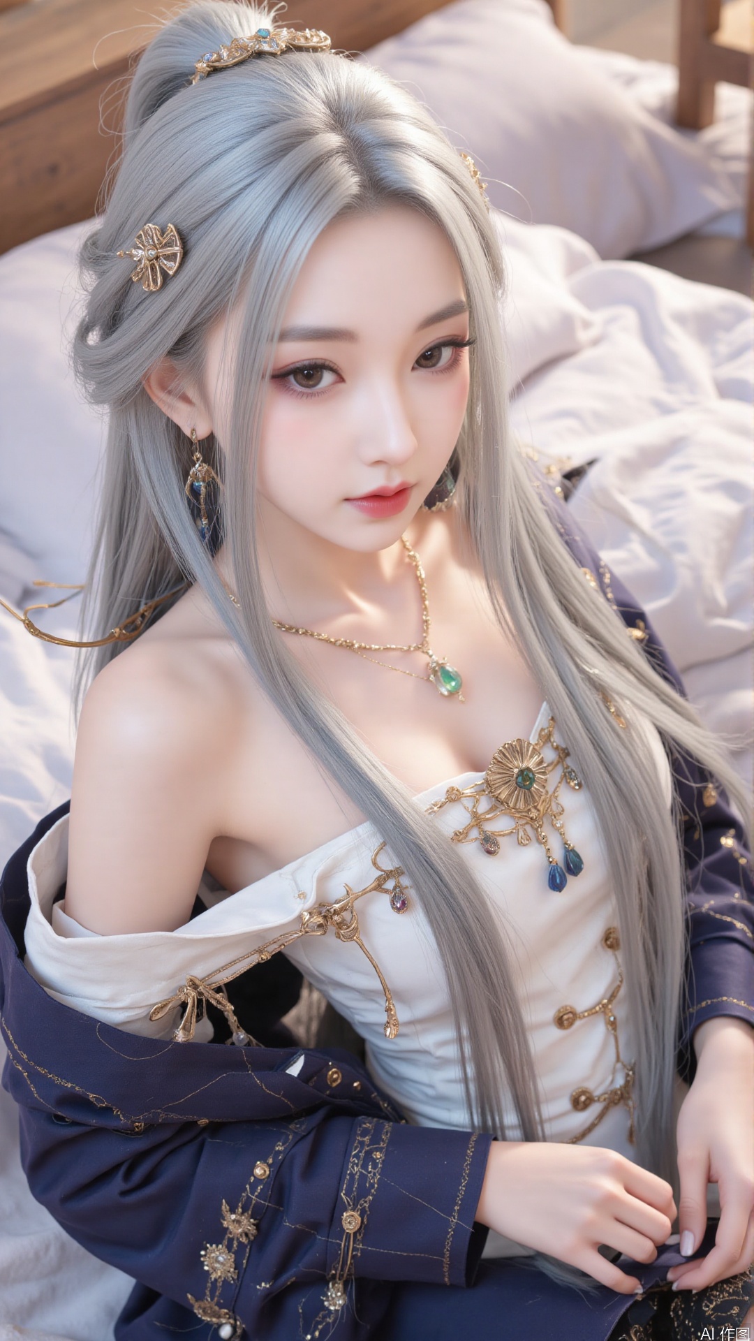 1girl, solo, jewelry, earrings, breasts, necklace, dress, realistic, bare shoulders, looking at viewer, lying, perfect body, scenery, sharp focus, best quality, masterpiece, detailed outfit, illustration, perfect eyes, finely detailed beautiful anime eyes, realistic skin, intricate details, best lighting, depth of field, ultra high resolution, bed, from above