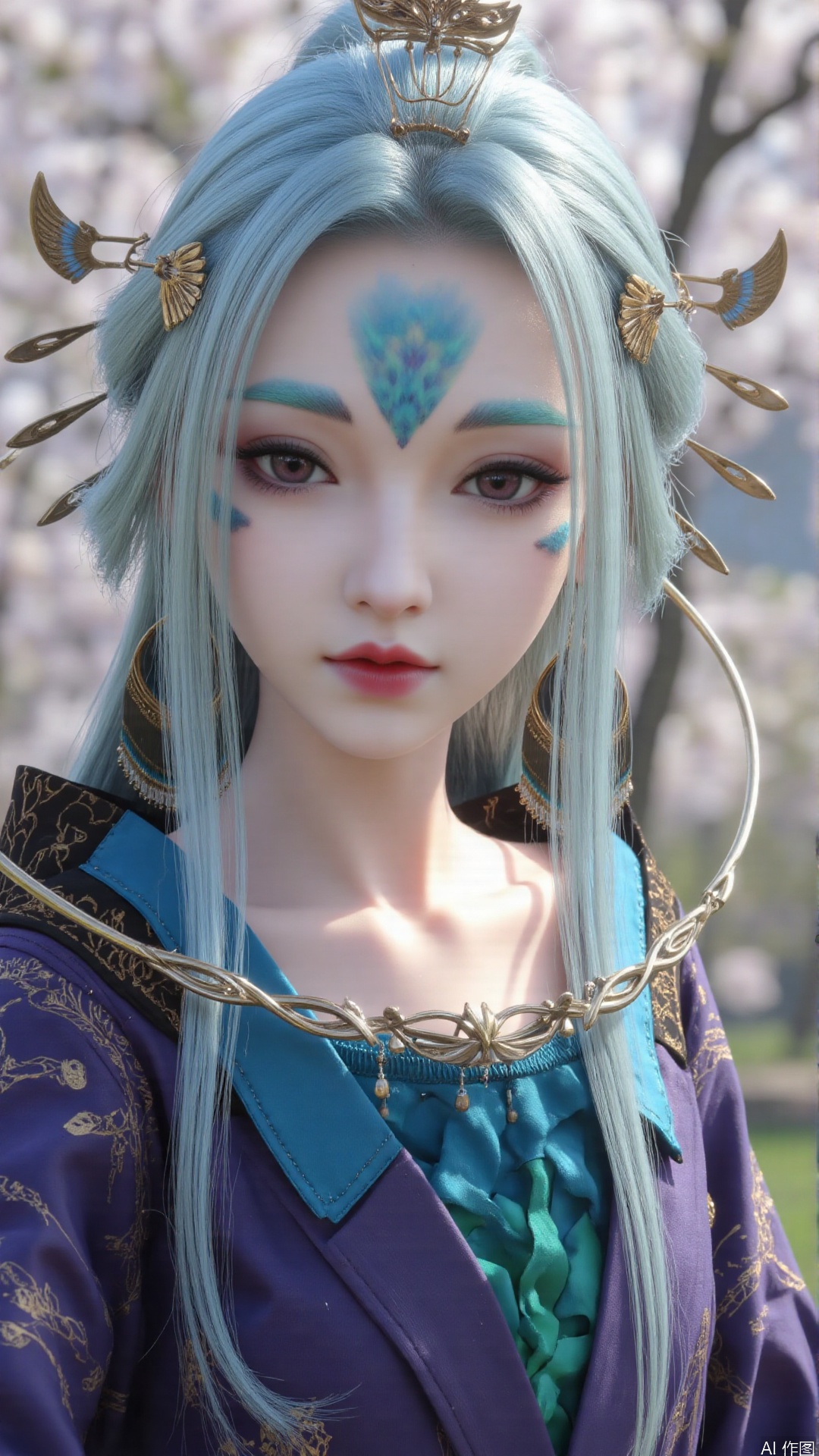 1girl, solo, long hair, forehead mark, hair ornament, facial mark, lips, blue hair, realistic, looking at viewer, hair stick, perfect body, scenery, sharp focus, best quality, masterpiece, detailed outfit, illustration, perfect eyes, finely detailed beautiful anime eyes, realistic skin, intricate details, best lighting, depth of field, ultra high resolution,cowboy shot