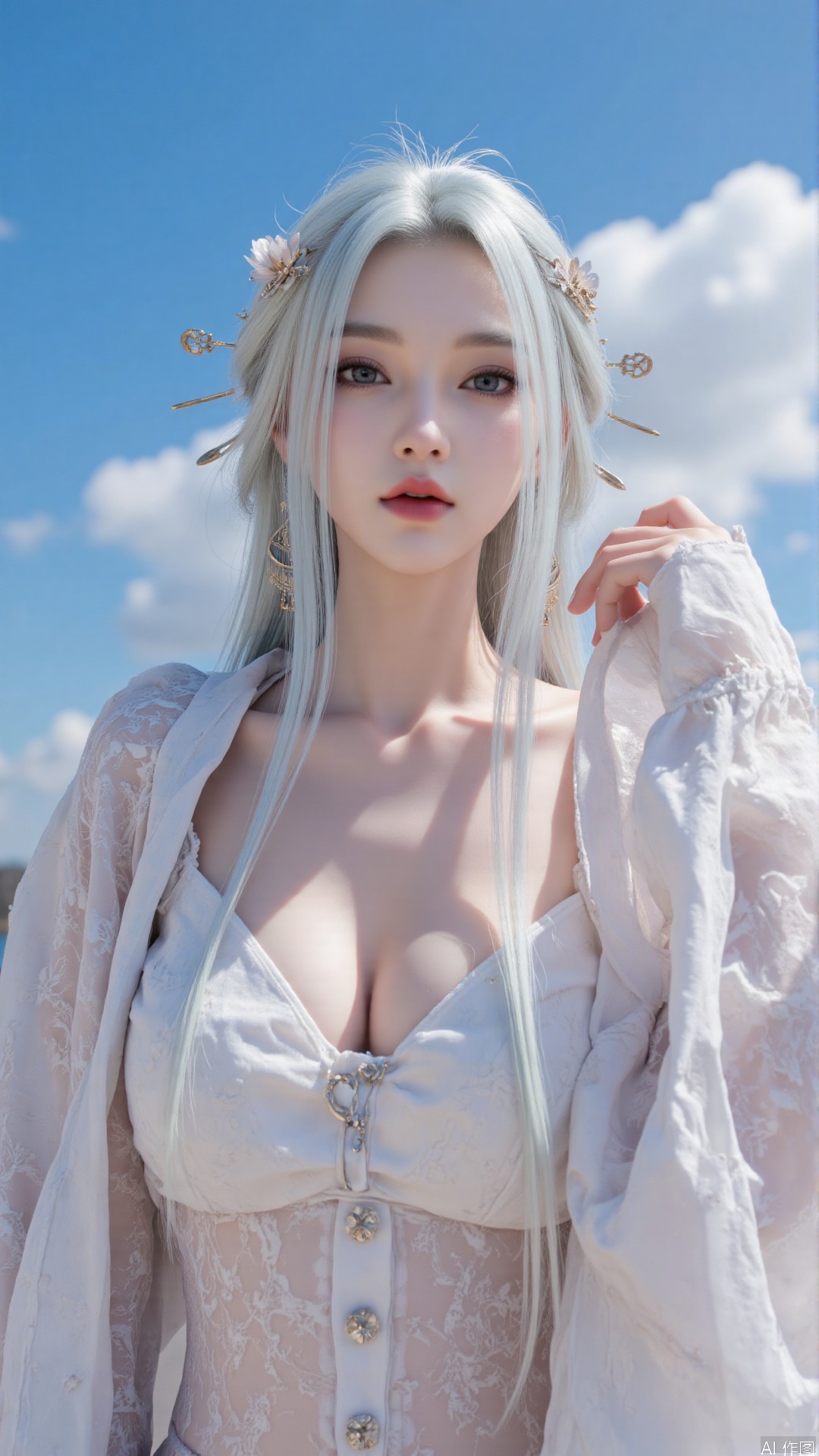 Very detailed face, extremely detailed eyes and face, blue eyes, (vacuum), 8K wallpaper, light leak, beautiful and detailed girl, extremely detailed CGUnity8K wallpaper, an extremely detailed and beautiful, beautiful and detailed eyes, masterpiece, best quality, Real photo level, (frontal shooting panoramic perspective), ( (Full body photo)), dynamic angle, dynamic pose, solo, ancient style silver hairpin with petals, blue sky and white clouds, (C cup), (huge round breasts), slender legs, super good figure, stunning beauty, (whole body in the mirror) , (wearing Lolita nightgown), (light reflects the shadow of the body through the clothes),vacuum,bare and smooth