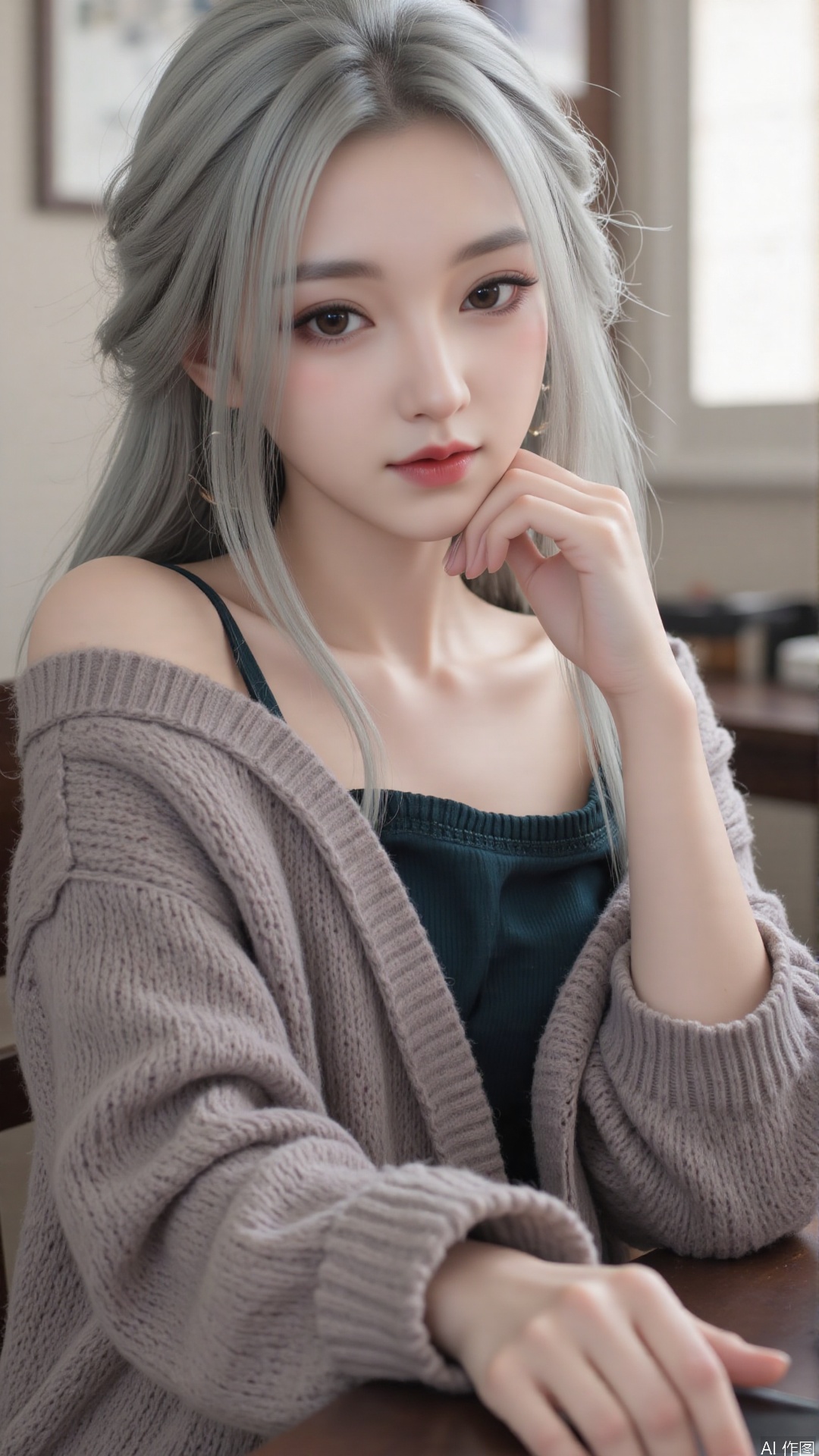 1girl, solo, long hair, looking at viewer, smile, sitting, collarbone, off shoulder, sweater, messy hair, realistic