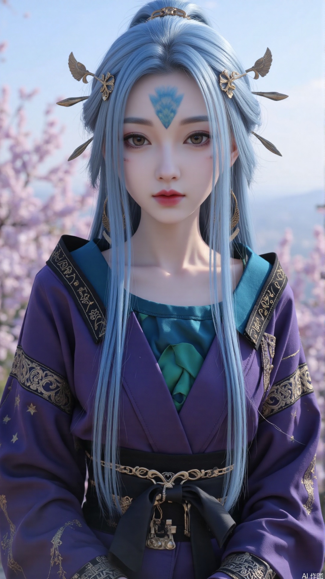 1girl, solo, long hair, forehead mark, hair ornament, facial mark, lips, blue hair, realistic, looking at viewer, hair stick, perfect body, scenery, sharp focus, best quality, masterpiece, detailed outfit, illustration, perfect eyes, finely detailed beautiful anime eyes, realistic skin, intricate details, best lighting, depth of field, ultra high resolution,cowboy shot