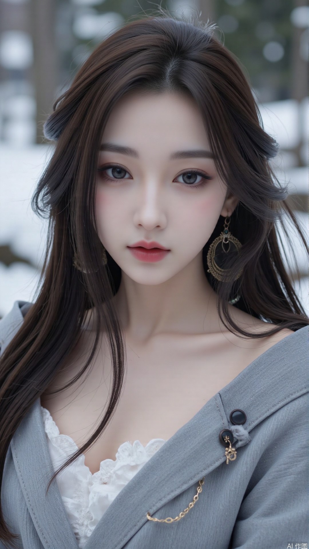  a asian woman, sexy long hair, blue eyes, charming and seductive temperament, distant close-up, golden ratio, movie texture, minimalism, high-end feeling, strong contrast between cold and warm, outdoor scenes, 