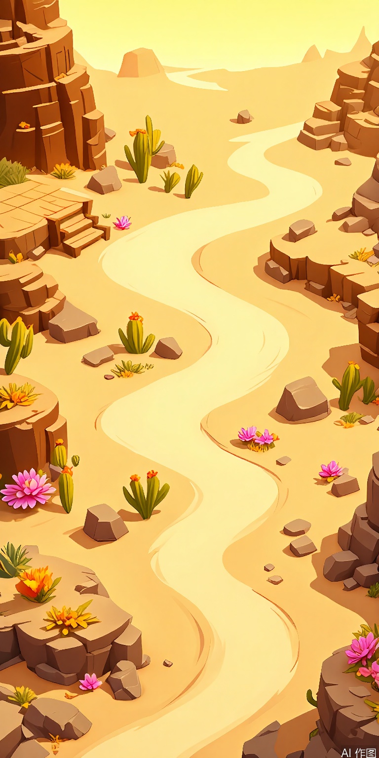 YXCJ, A vibrant, detailed digital illustration of a desert scene featuring a winding dirt path with a small, colorful flowerbed along the side. The path is flanked by rocky outcrops and cacti, with a small wooden bridge crossing over a dry riverbed. The sky is a warm yellow, indicating either sunrise or sunset. The style is reminiscent of a cartoon or animated film, with bold colors and smooth shading. The scene is peaceful and inviting, with a sense of adventure and exploration.