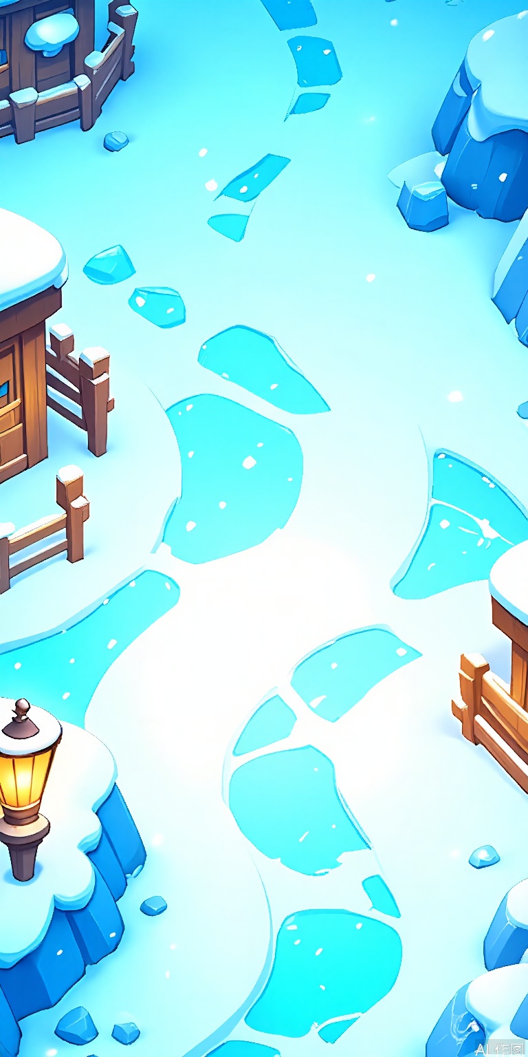 YXCJ, A vibrant, colorful digital illustration of a snowy village nestled in a mountainous region. The village features wooden houses with snow-covered roofs, surrounded by ice-blue rivers and streams. The scene is illuminated by a bright, glowing lantern in the foreground, casting a warm light on the snowy landscape. The sky is clear, and the overall atmosphere is serene and magical. The style is reminiscent of a whimsical, fantasy setting with a playful, cartoonish aesthetic.