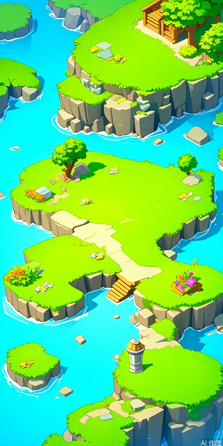 YXCJ, A vibrant, colorful, and detailed isometric illustration of a lush, verdant island landscape. The island is divided into several large grassy areas, separated by rocky cliffs and a winding river. The river flows through the center of the image, with small wooden bridges connecting the grassy areas. Various plants, flowers, and trees are scattered throughout the island, adding to the natural beauty. The sky is not visible, and the focus is entirely on the island and its features. The style is reminiscent of a video game or a fantasy-themed digital illustration.