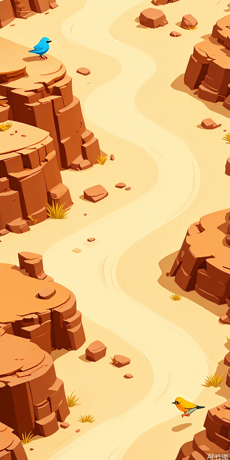 YXCJ, A vibrant, cartoon-style digital illustration of a desert canyon scene with winding, sandy paths and towering, reddish-brown rock formations. A small, blue bird perches on a rock formation in the upper left, while a yellow bird flies near the winding path in the lower right. Sparse vegetation is scattered throughout the canyon. The background features additional rock formations and a sense of depth, with the path winding through the landscape. The colors are warm and earthy, with a bright, sunny atmosphere. The art style is whimsical and playful, with smooth lines and a sense of adventure.