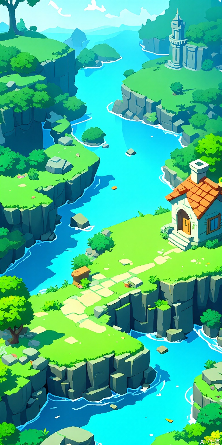YXCJ, A vibrant, colorful pixel art landscape featuring lush greenery, a small stone house with a red roof, and a serene river flowing through rocky cliffs. The scene is set in a fantasy world with a waterfall in the distance and a castle-like structure on a hill. The sky is clear with a few fluffy clouds. The overall style is whimsical and charming, with a playful, cartoonish aesthetic.