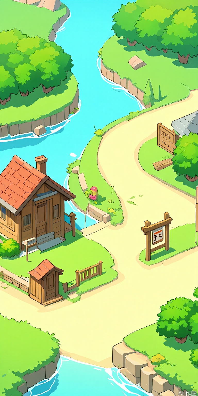 YXCJ, A colorful, cartoon-style digital drawing of a peaceful village scene. The image features a wooden house with a red roof, a small wooden shack by the river, lush green trees, and a wooden sign with a Japanese symbol. A path winds through the village, leading to a small bridge over the river. The sky is bright and sunny, and the overall atmosphere is serene and inviting. The art style is reminiscent of Japanese anime, with clean lines and vibrant colors.