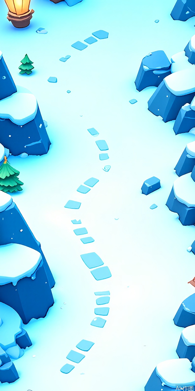 YXCJ, A colorful, digital illustration of a snowy, mountainous landscape with a winding stone path. The scene is illuminated by a warm, yellow lantern hanging from the top left corner. The path, which is central to the image, is flanked by large, dark blue rocks and snow-covered peaks. Small green trees dot the landscape, and the sky is a bright blue. The style is cartoony and whimsical, with a playful, inviting atmosphere.