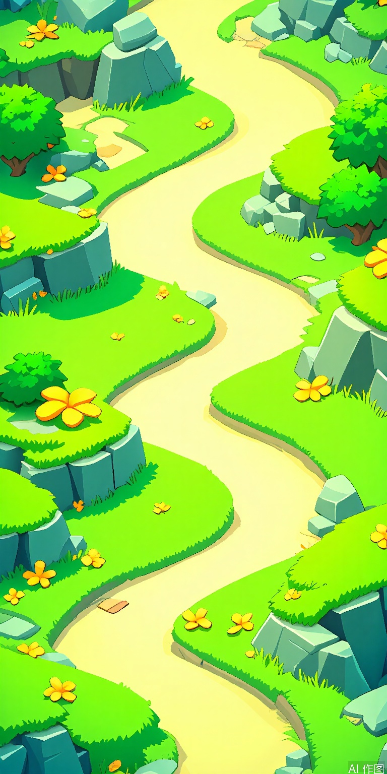 YXCJ, A vibrant, colorful digital illustration of a winding path through a lush, green landscape. The path is flanked by grassy hills and rocky outcrops, with small, colorful flowers scattered throughout. The style is cartoony and whimsical, with bright, saturated colors and exaggerated shapes. The image is highly detailed and features a variety of textures, from the rough rocks to the soft grass. The path curves gently, leading the viewer's eye through the scene. The sky is not visible, and the focus is entirely on the terrain.