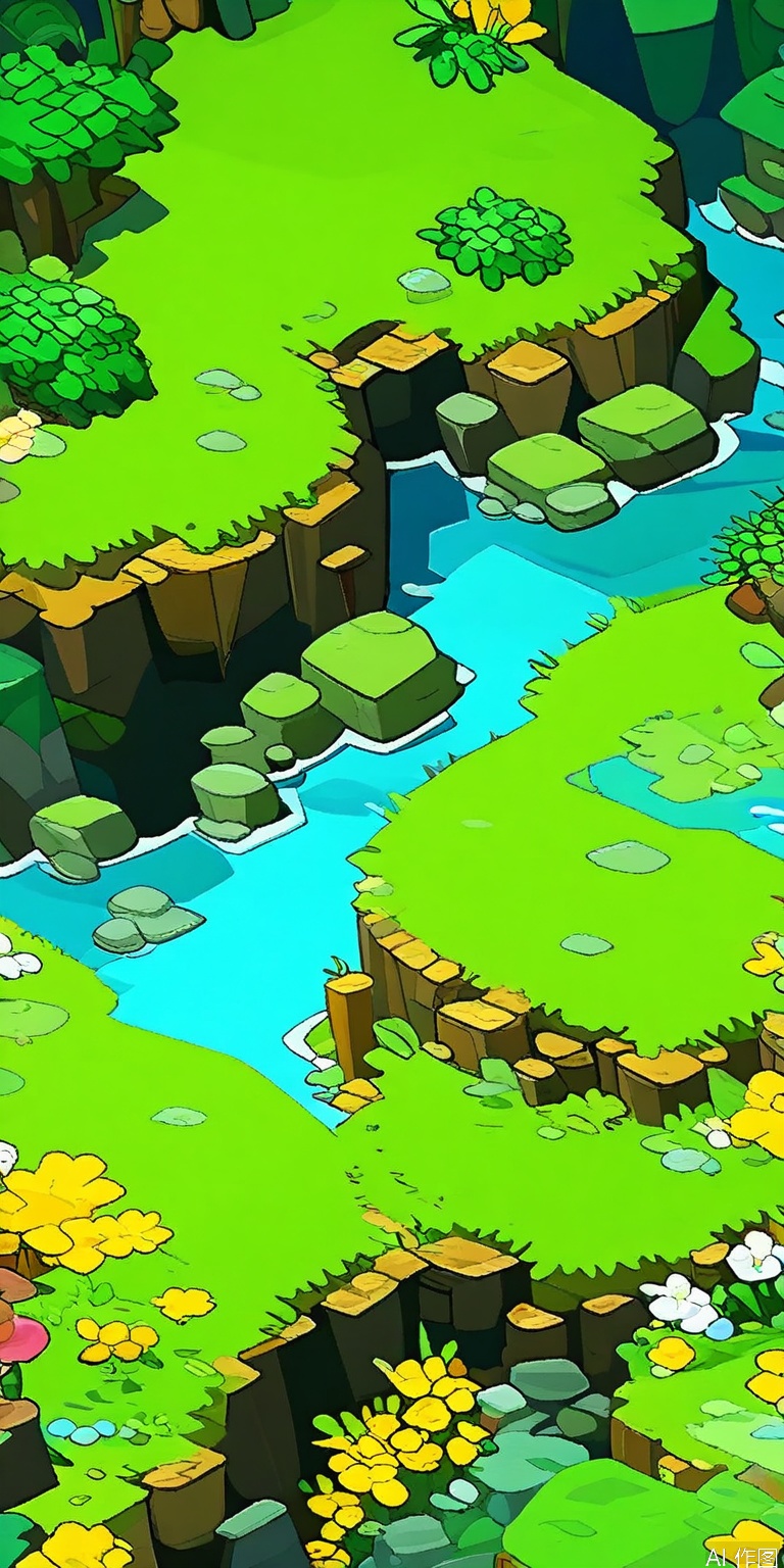 YXCJ, A vibrant, colorful, and detailed isometric illustration of a lush, verdant island landscape. The island is divided into several large grassy areas, separated by rocky cliffs and a winding river. The river flows through the center of the image, with small wooden bridges connecting the grassy areas. Various plants, flowers, and trees are scattered throughout the island, adding to the natural beauty. The sky is not visible, and the focus is entirely on the island and its features. The style is reminiscent of a video game or a fantasy-themed digital illustration.
