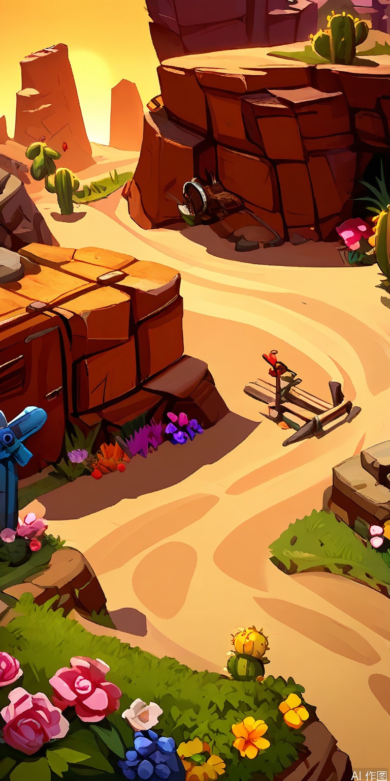 YXCJ, A vibrant, detailed digital illustration of a desert scene featuring a winding dirt path with a small, colorful flowerbed along the side. The path is flanked by rocky outcrops and cacti, with a small wooden bridge crossing over a dry riverbed. The sky is a warm yellow, indicating either sunrise or sunset. The style is reminiscent of a cartoon or animated film, with bold colors and smooth shading. The scene is peaceful and inviting, with a sense of adventure and exploration.