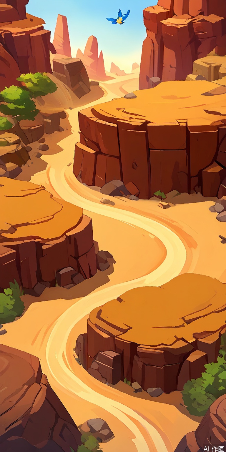 YXCJ, A vibrant, cartoon-style digital illustration of a desert canyon scene with winding, sandy paths and towering, reddish-brown rock formations. A small, blue bird perches on a rock formation in the upper left, while a yellow bird flies near the winding path in the lower right. Sparse vegetation is scattered throughout the canyon. The background features additional rock formations and a sense of depth, with the path winding through the landscape. The colors are warm and earthy, with a bright, sunny atmosphere. The art style is whimsical and playful, with smooth lines and a sense of adventure.
