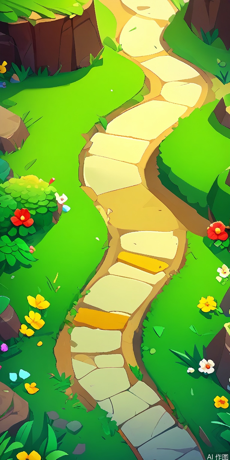 YXCJ, A vibrant, colorful digital illustration of a winding path through a lush, green landscape. The path is flanked by grassy hills and rocky outcrops, with small, colorful flowers scattered throughout. The style is cartoony and whimsical, with bright, saturated colors and exaggerated shapes. The image is highly detailed and features a variety of textures, from the rough rocks to the soft grass. The path curves gently, leading the viewer's eye through the scene. The sky is not visible, and the focus is entirely on the terrain.
