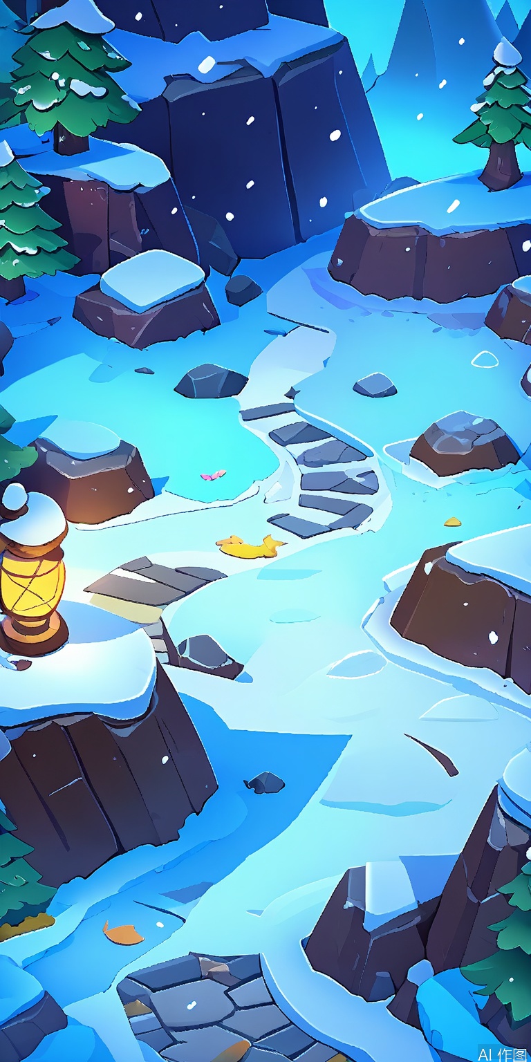YXCJ, A colorful, digital illustration of a snowy, mountainous landscape with a winding stone path. The scene is illuminated by a warm, yellow lantern hanging from the top left corner. The path, which is central to the image, is flanked by large, dark blue rocks and snow-covered peaks. Small green trees dot the landscape, and the sky is a bright blue. The style is cartoony and whimsical, with a playful, inviting atmosphere.
