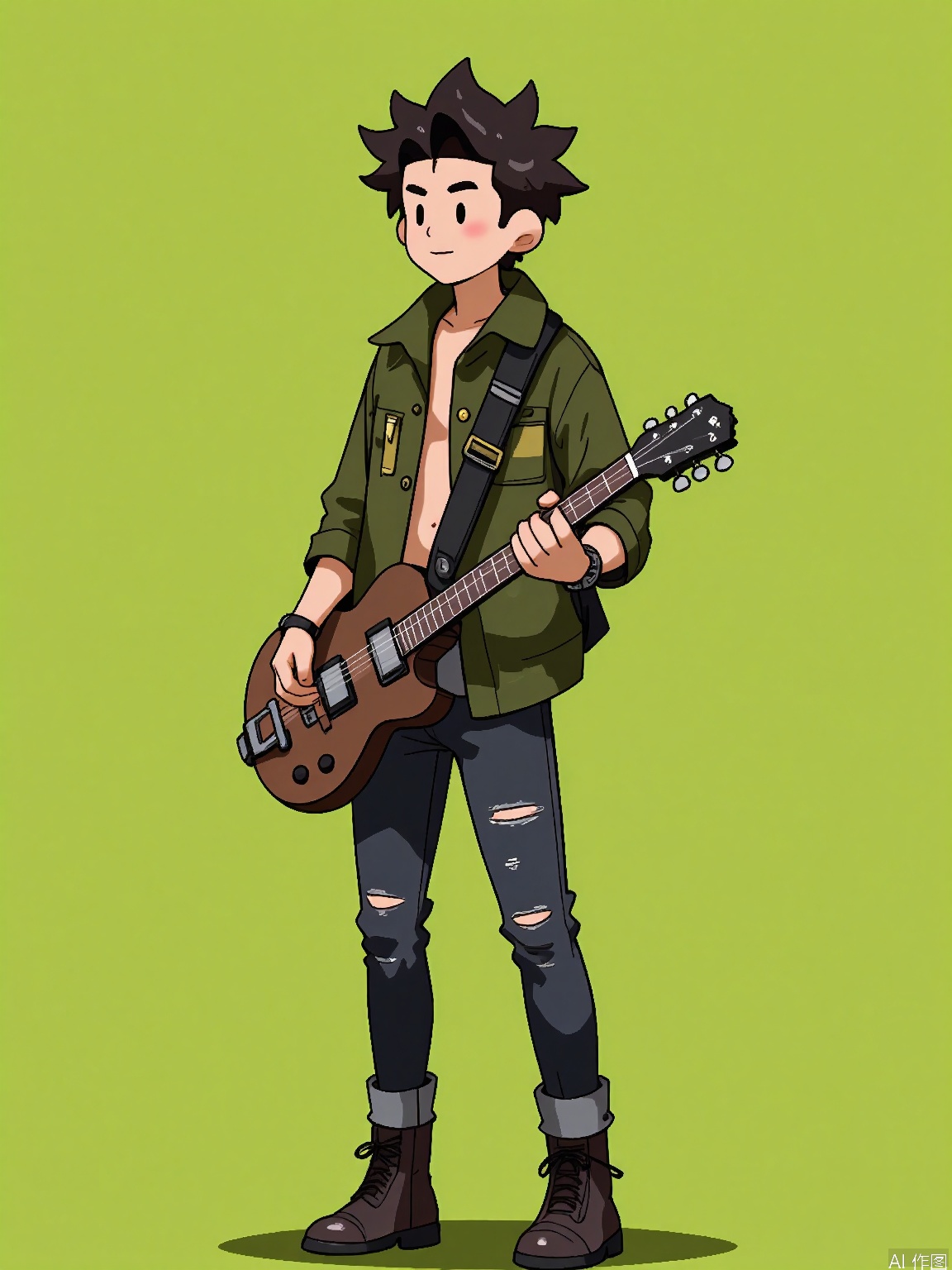 DHJS,
A digital illustration of a young man with dreadlocks and a laid-back attitude, wearing a green camouflage jacket, ripped jeans, and combat boots. He has a guitar slung over his shoulder and is strumming a chord with a relaxed expression. The background is a solid olive green color. The art style is edgy and cartoonish with gritty textures and bold contrasts.
