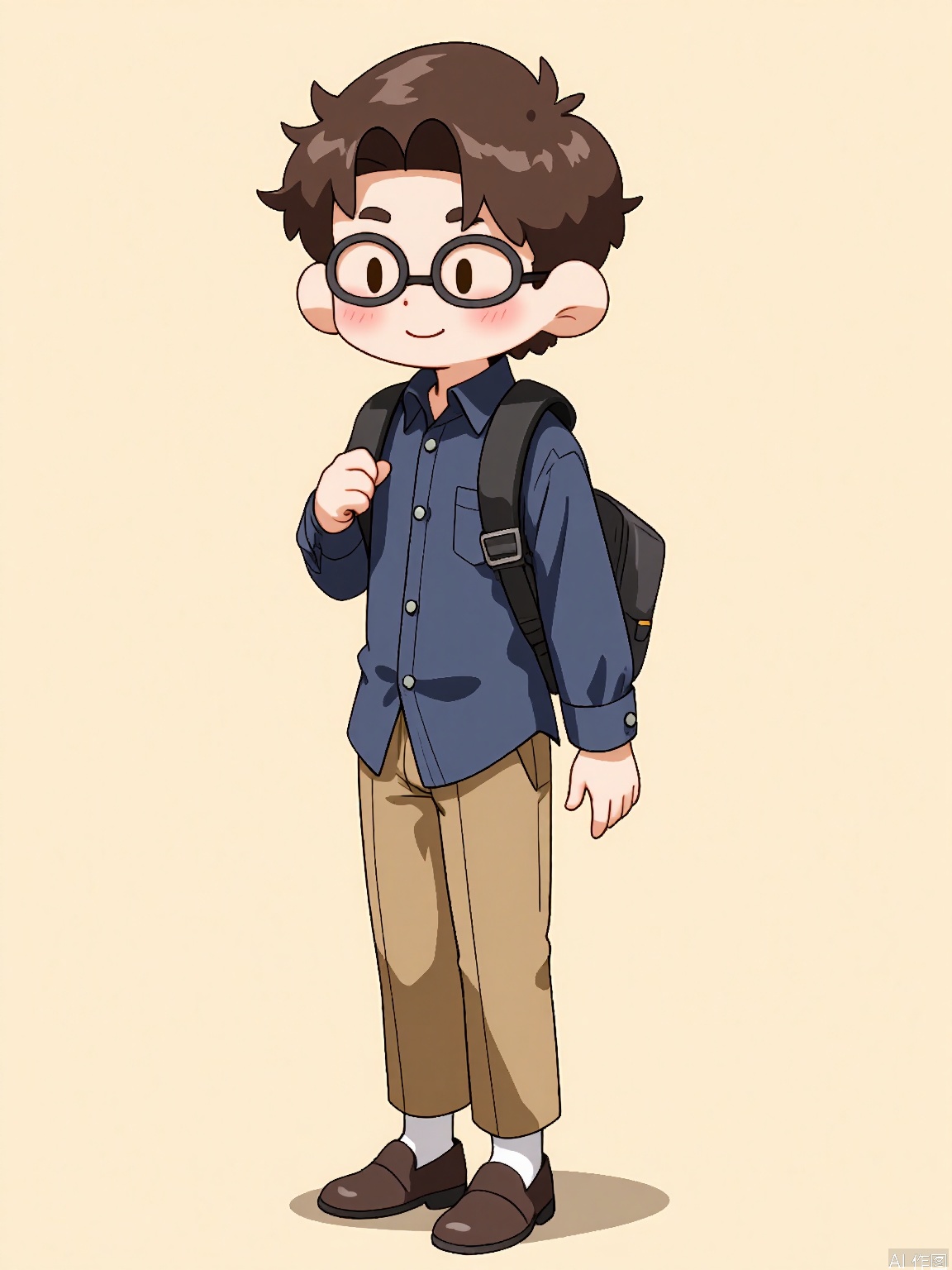 DHJS,
A digital illustration of a young boy with glasses and a studious look, wearing a blue button-down shirt, khaki pants, and loafers. He carries a backpack filled with books and is walking towards a library, eager to learn. The background is a solid beige color. The art style is intellectual and cartoonish with refined details and subtle shading.
