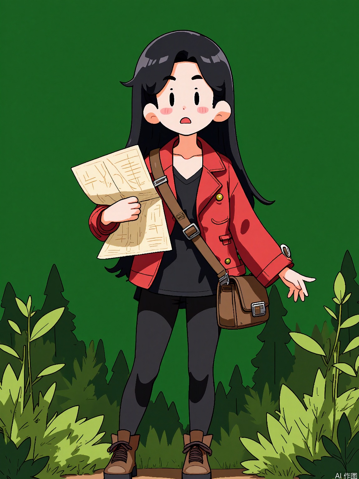 DHJS,
A digital illustration of a teenage girl with long, black hair and a determined look, wearing a red and black leather jacket, black leggings, and combat boots. She has a backpack slung over one shoulder and is holding a map, exploring a dense forest. The background is a solid forest green color. The art style is adventurous and cartoonish with bold outlines and dynamic poses.
