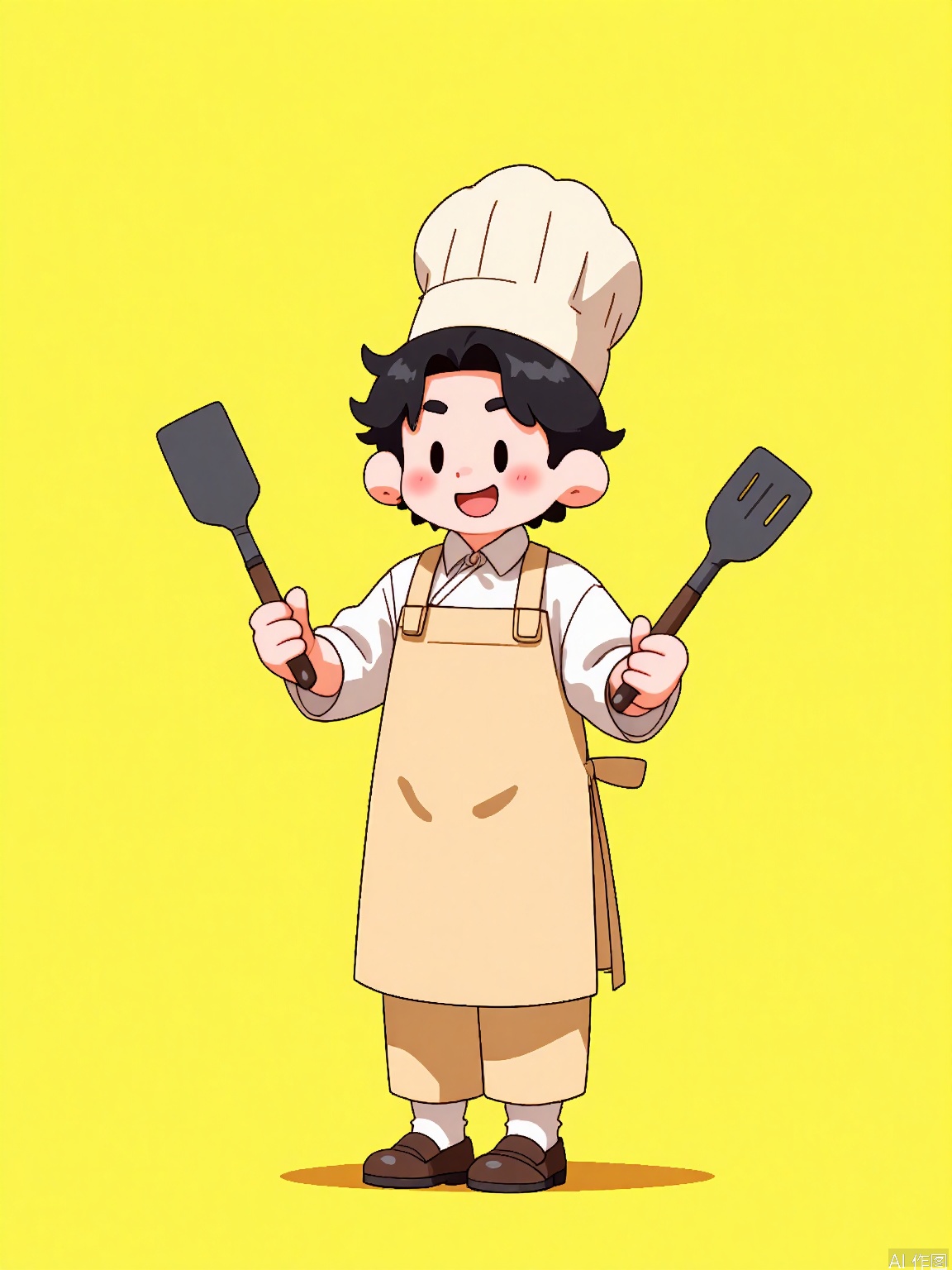 DHJS,
A digital illustration of a young woman with curly black hair and a passionate expression, wearing a chef's hat, apron, and comfortable shoes. She holds a spatula in one hand and a mixing bowl in the other, baking in a cozy kitchen. The background is a solid warm yellow color. The art style is culinary and cartoonish with bold colors and playful textures.
