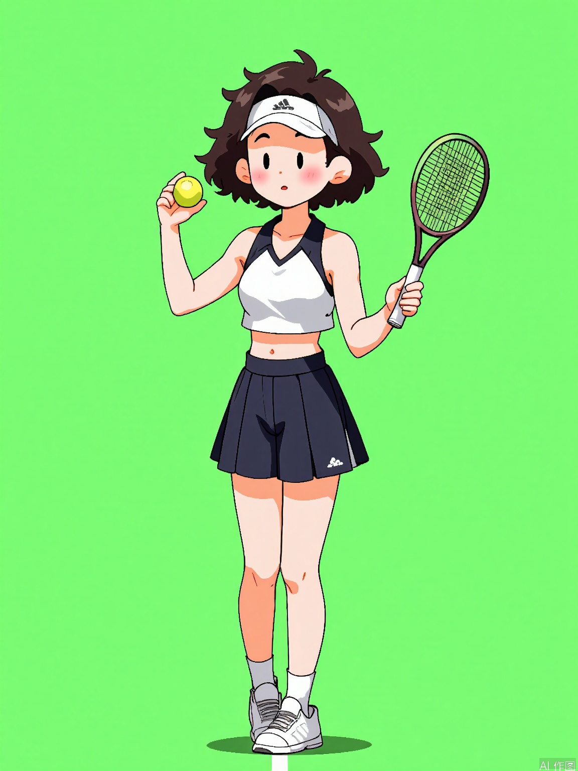 DHJS,
A digital illustration of a young woman with a pixie cut and a sporty look, wearing a tennis outfit, sneakers, and a visor. She holds a tennis racket in one hand and a ball in the other, serving on a tennis court with a powerful swing. The background is a solid bright green color. The art style is athletic and cartoonish with dynamic lines and energetic poses.
