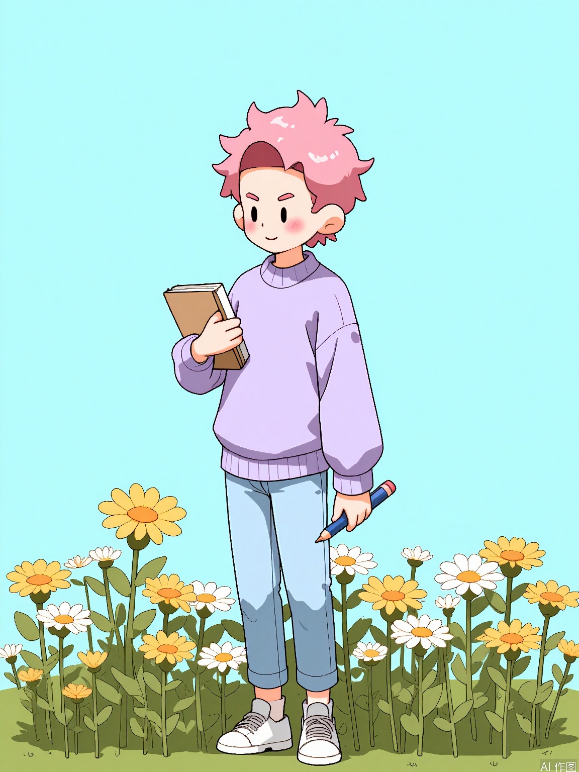 DHJS,
A digital illustration of a young woman with short, pink hair and a dreamy gaze, wearing a pastel lavender sweater, light blue jeans, and white sneakers. She holds a sketchbook in one hand and a pencil in the other, standing in a field of wildflowers. The background is a solid baby blue color. The art style is ethereal and cartoonish with soft gradients and delicate details.

