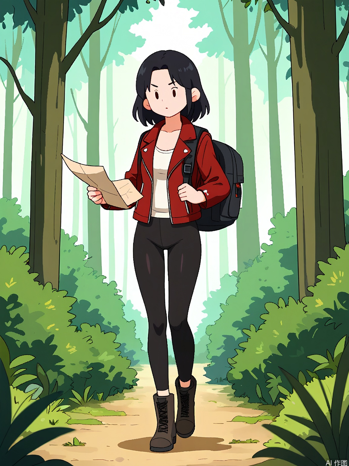 DHJS, A digital illustration of a teenage girl with long, black hair and a determined look, wearing a red and black leather jacket, black leggings, and combat boots. She has a backpack slung over one shoulder and is holding a map, exploring a dense forest. The background is a solid forest green color. The art style is adventurous and cartoonish with bold outlines and dynamic poses.
