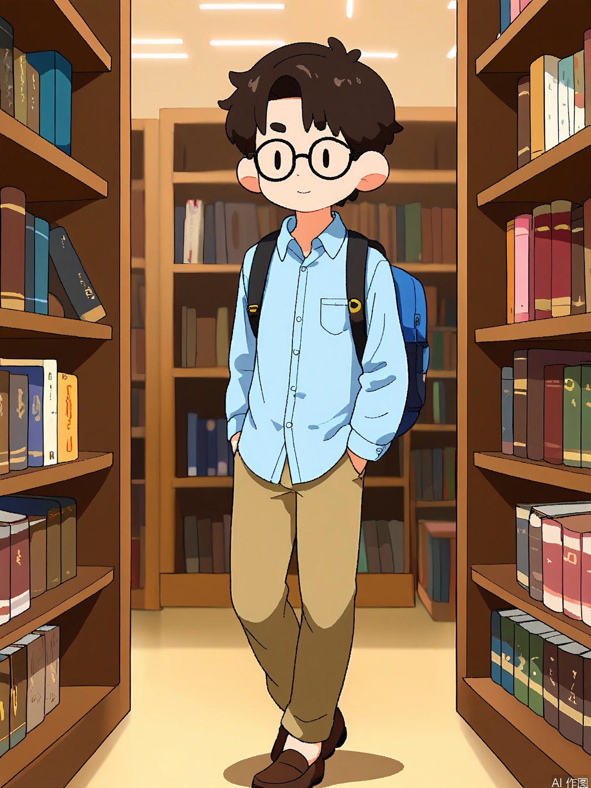 DHJS, A digital illustration of a young boy with glasses and a studious look, wearing a blue button-down shirt, khaki pants, and loafers. He carries a backpack filled with books and is walking towards a library, eager to learn. The background is a solid beige color. The art style is intellectual and cartoonish with refined details and subtle shading.
