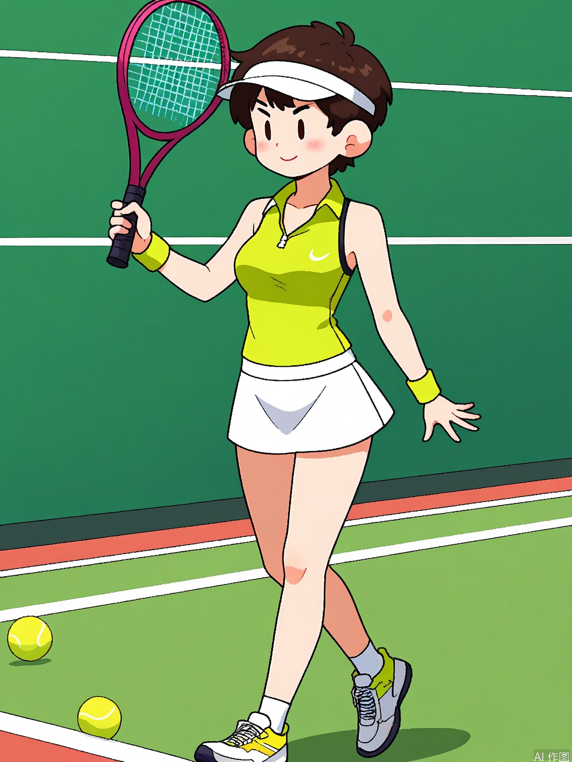 DHJS, A digital illustration of a young woman with a pixie cut and a sporty look, wearing a tennis outfit, sneakers, and a visor. She holds a tennis racket in one hand and a ball in the other, serving on a tennis court with a powerful swing. The background is a solid bright green color. The art style is athletic and cartoonish with dynamic lines and energetic poses.

