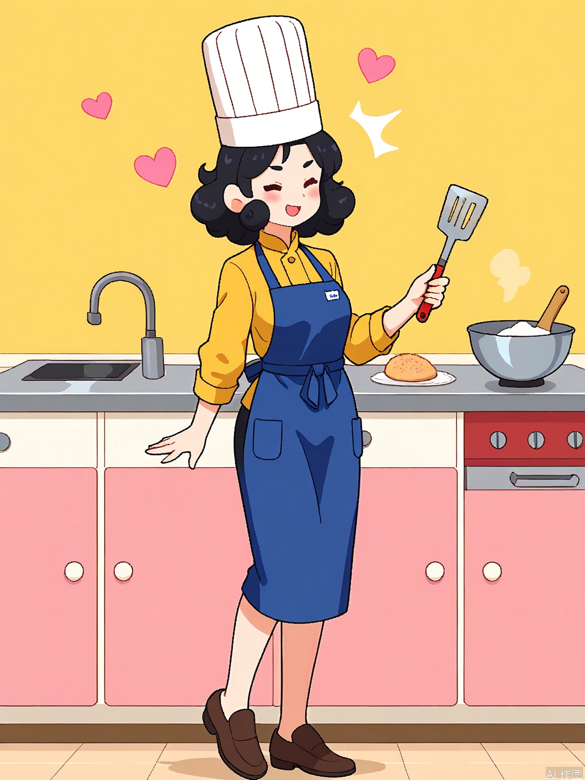 DHJS, A digital illustration of a young woman with curly black hair and a passionate expression, wearing a chef's hat, apron, and comfortable shoes. She holds a spatula in one hand and a mixing bowl in the other, baking in a cozy kitchen. The background is a solid warm yellow color. The art style is culinary and cartoonish with bold colors and playful textures.

