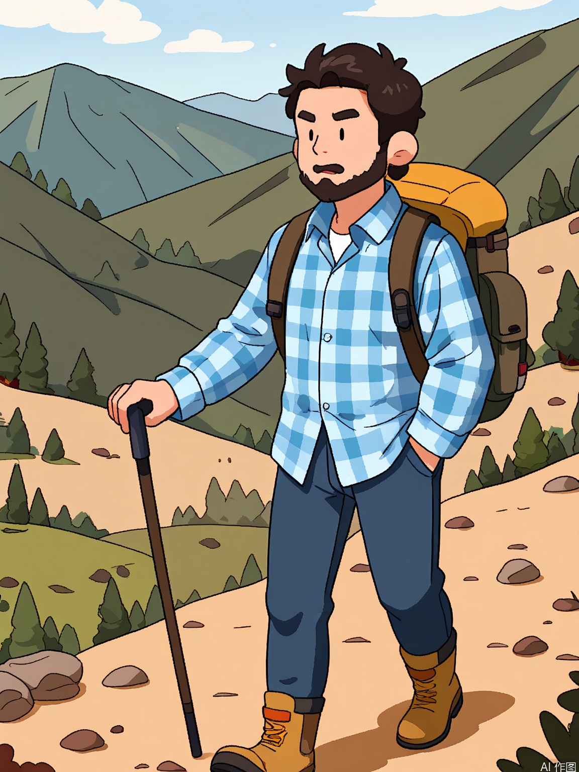 DHJS, A digital illustration of a young man with a beard and a rugged look, wearing a plaid flannel shirt, jeans, and hiking boots. He carries a backpack and a walking stick, hiking up a mountain trail with a determined expression. The background is a solid rocky gray color. The art style is outdoorsy and cartoonish with rough textures and earthy tones.
