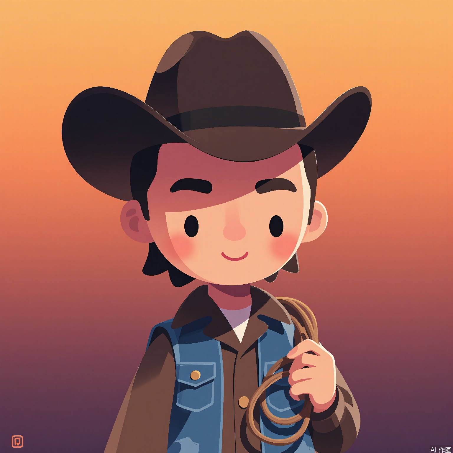 DDY, A digital drawing of a young boy with a mullet and a cowboy hat, wearing a denim vest and holding a lasso. He has a rugged expression with a sly grin, and his hat is tilted at a jaunty angle. The background is a gradient desert sunset transitioning from warm orange at the top to deep purple at the bottom. The art style is cartoony and western, with bold colors and a textured finish. The artist's signature "U. E1" is in the bottom left corner.
