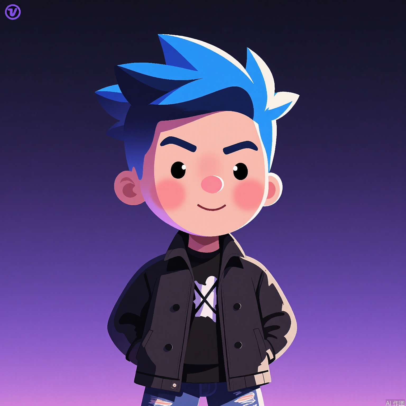 DDY, A digital artwork of a teenage boy with spiky blue hair, wearing a black leather jacket and ripped jeans. He has a rebellious expression with a smirk, and his eyebrows are raised. The background is a gradient night sky transitioning from deep purple at the top to electric blue at the bottom. The art style is cartoony and edgy, with sharp angles and a glossy texture. The artist's signature "D. N" is in the top right corner.
