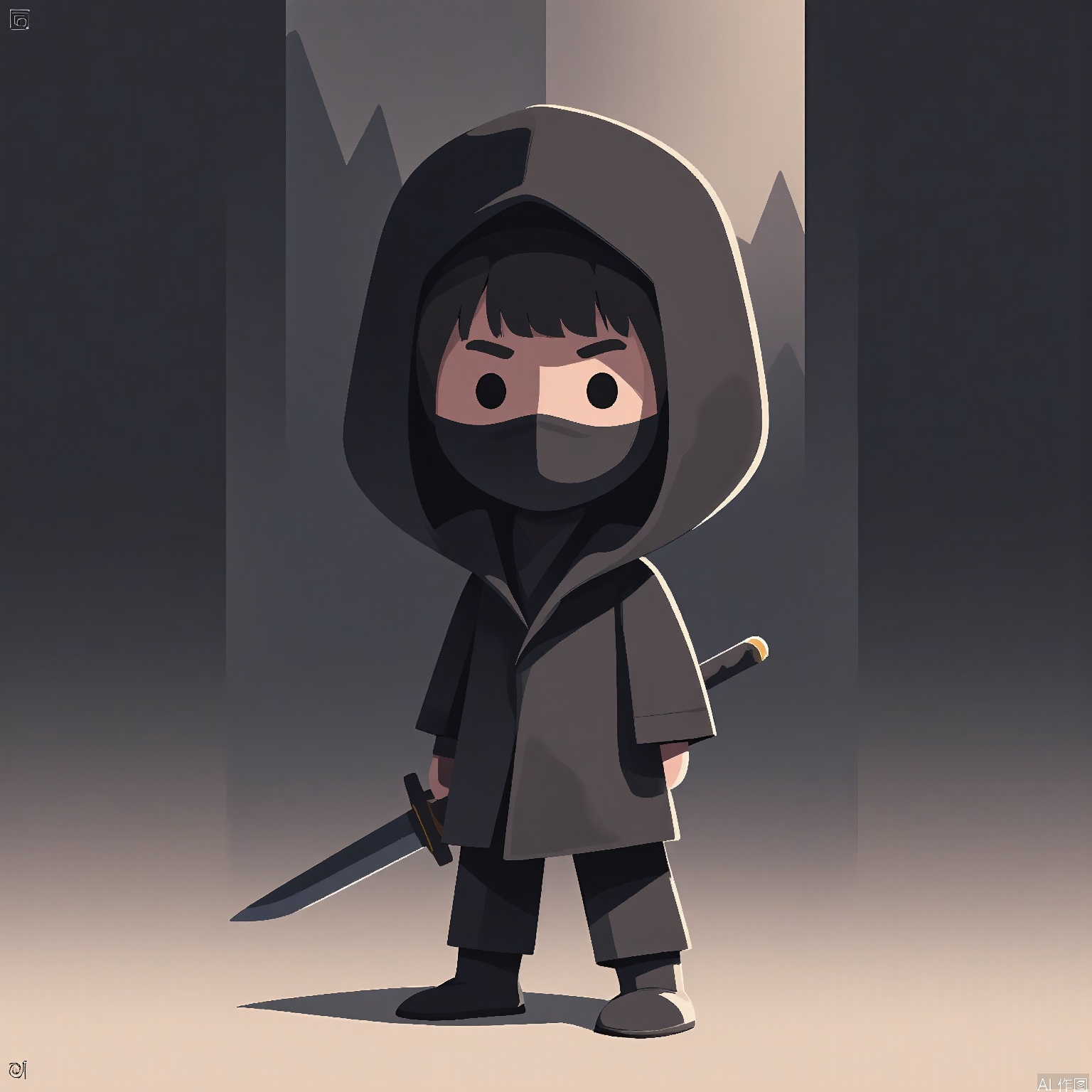 DDY, A digital illustration of a young boy with a bowl cut and a ninja costume, wearing a mask and holding a sword. He has a stealthy expression with a focused gaze, and his body is poised for action. The background is a gradient moonlit forest transitioning from dark gray at the top to silver at the bottom. The art style is cartoony and stealthy, with sharp angles and a shadowy texture. The artist's signature "Q. A1" is in the bottom left corner.
