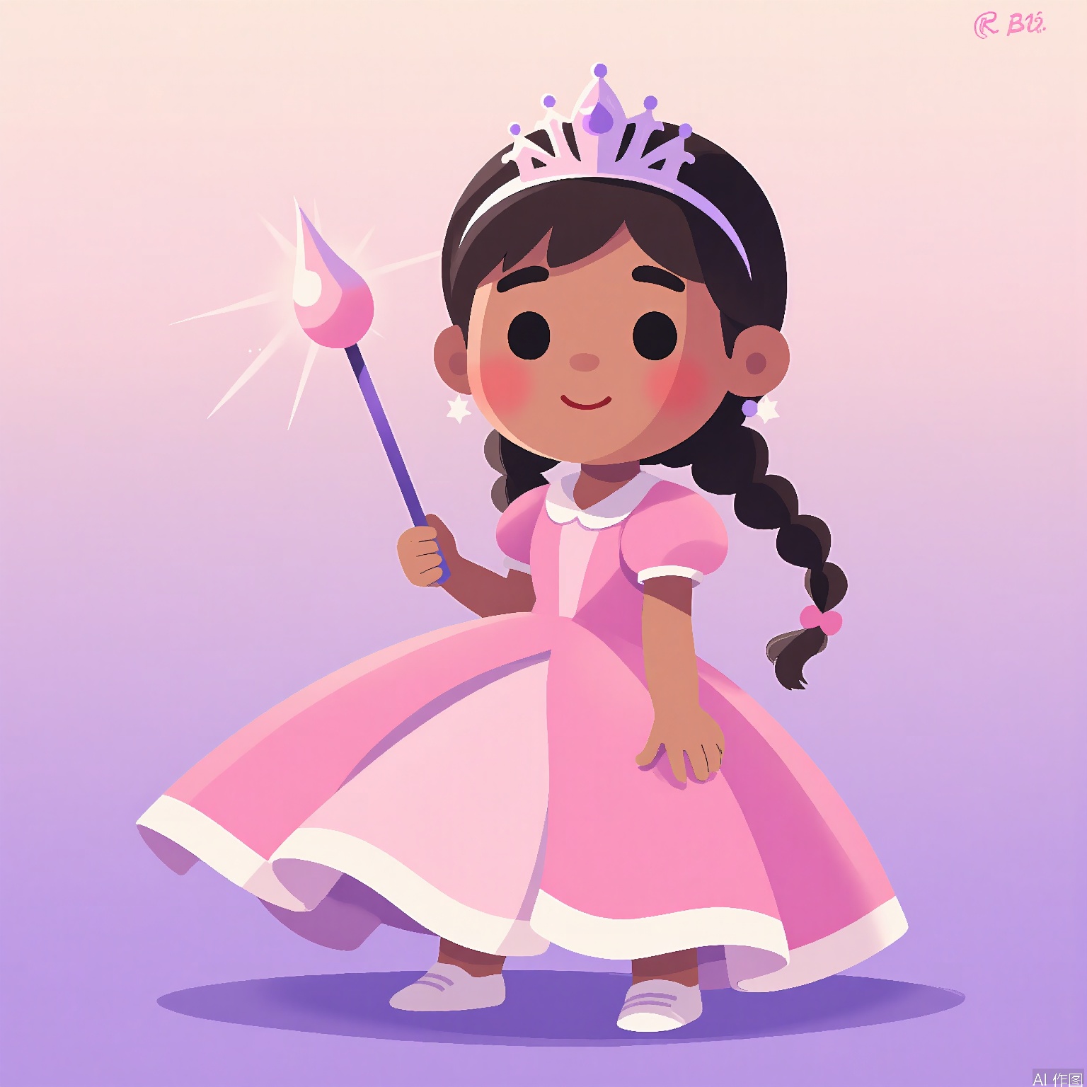 DDY, A digital drawing of a young girl with braided hair and a princess gown, wearing a tiara and holding a wand. She has a magical expression with a twinkling smile, and her wand is sparkling with light. The background is a gradient enchanted castle transitioning from pale pink at the top to purple at the bottom. The art style is cartoony and fairytale-like, with glitter and a soft glow. The artist's signature "R. B1" is in the top right corner.
