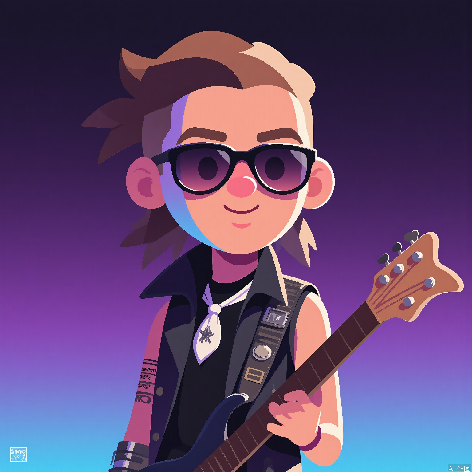 DDY, A digital artwork of a young man with a mohawk and a leather vest, wearing a bandana and holding a guitar. He has a rockstar expression with a smirk, and his eyes are hidden behind sunglasses. The background is a gradient concert stage transitioning from dark purple at the top to electric blue at the bottom. The art style is cartoony and energetic, with vibrant colors and a bold outline. The artist's signature "M. W" is in the bottom left corner.
