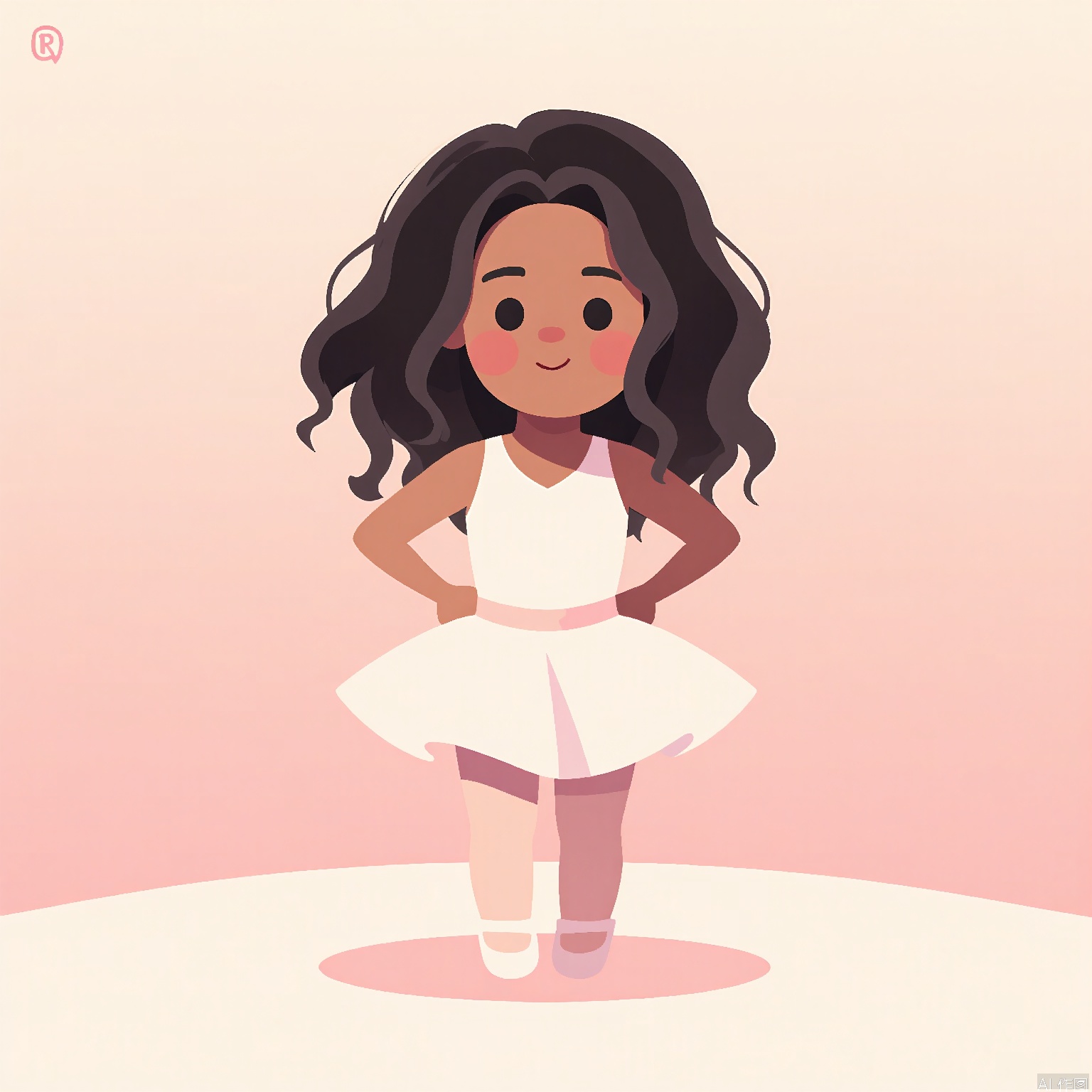 DDY, A digital drawing of a young girl with curly black hair and a ballet dancer's poise, wearing a white tutu and pink pointe shoes. She has a graceful expression with a soft smile, and her arms are extended in a delicate pose. The background is a gradient ballet studio transitioning from pale pink at the top to ivory at the bottom. The art style is cartoony and elegant, with flowing lines and a smooth texture. The artist's signature "L. V" is in the top right corner.
