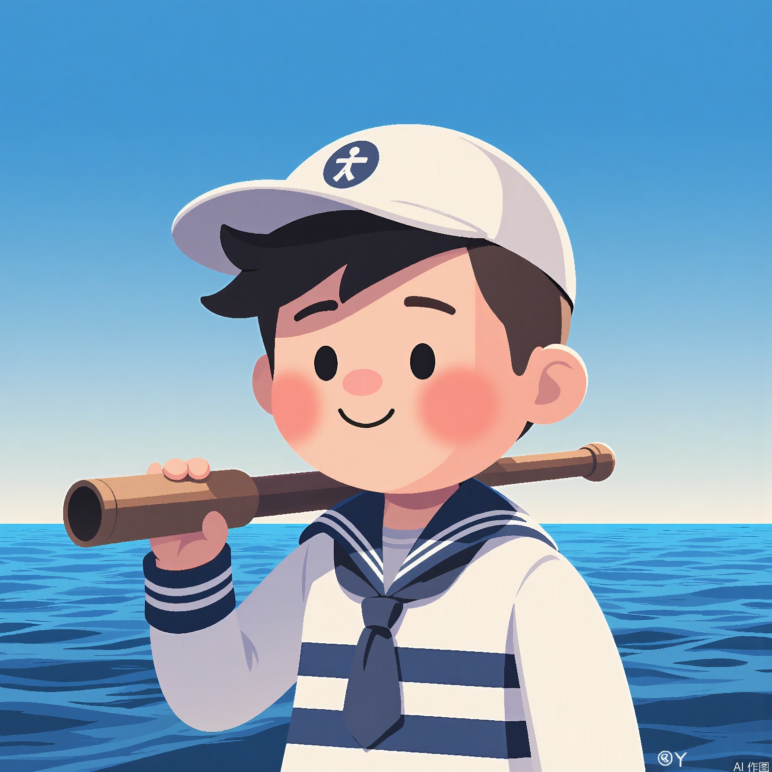 DDY, A digital drawing of a young boy with a crew cut and a sailor suit, wearing a cap and holding a telescope. He has an adventurous expression with a wide-eyed look, and his cheeks are rosy with excitement. The background is a gradient ocean view transitioning from deep blue at the top to sky blue at the bottom. The art style is cartoony and nautical, with bold stripes and a textured finish. The artist's signature "O. Y" is in the bottom right corner.
