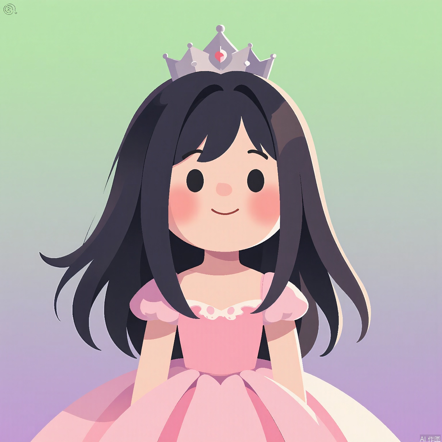 DDY, A digital illustration of a young girl with long, straight black hair, wearing a pink ballet tutu with a silver tiara. She has a delighted expression with a wide-eyed gaze, and her cheeks are rosy. The background is a gradient garden transitioning from soft green at the top to lavender at the bottom. The art style is cartoony and dreamy, with gentle shading and a velvety texture. The artist's signature "B. L" is in the top left corner.
