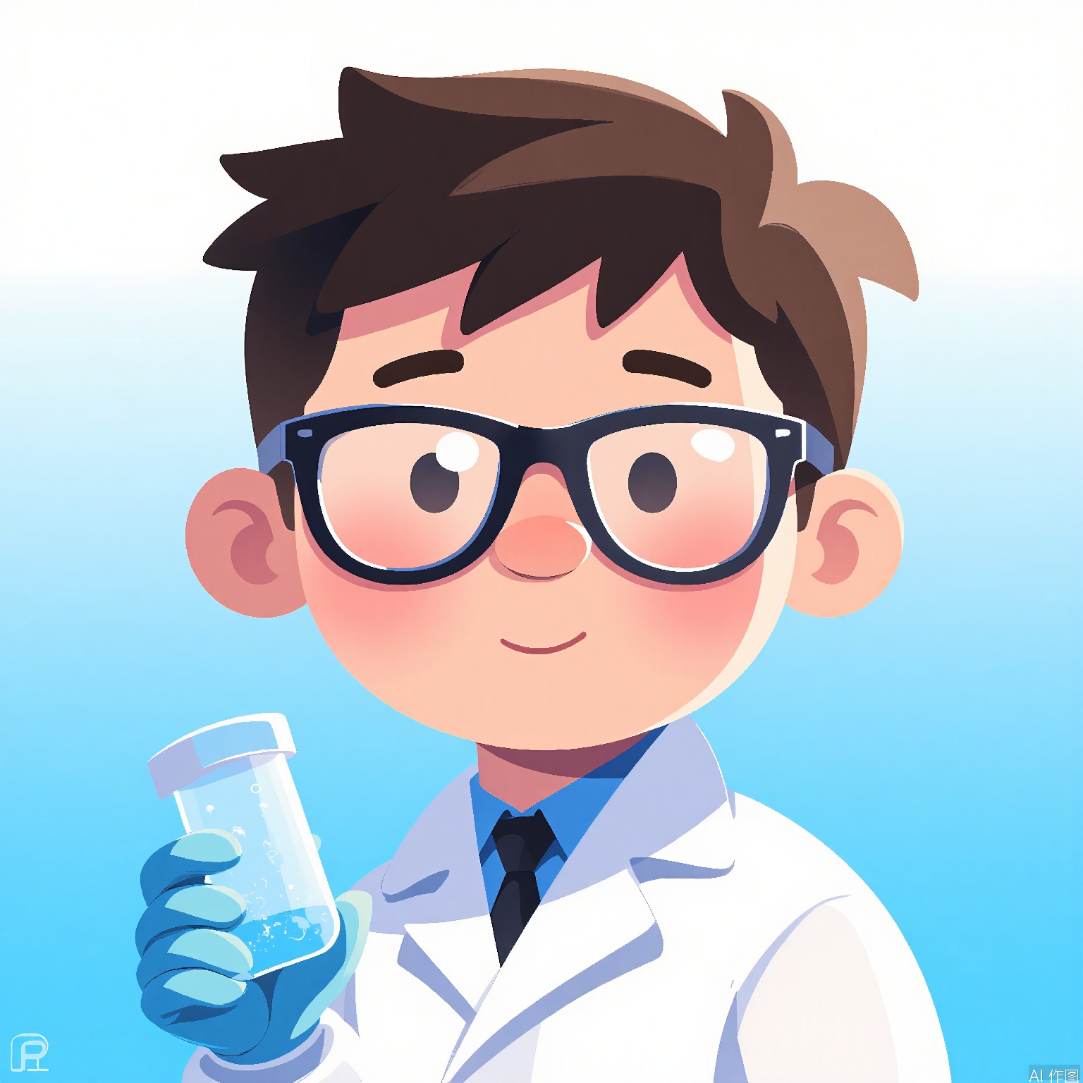DDY, A digital artwork of a young boy with glasses and messy brown hair, wearing a white lab coat and holding a test tube. He has a curious expression with a tilted head, and his eyes are magnified behind the glasses. The background is a gradient laboratory transitioning from sterile white at the top to vibrant blue at the bottom. The art style is cartoony and scientific, with clean lines and a glossy finish. The artist's signature "G. Q" is in the bottom right corner.

