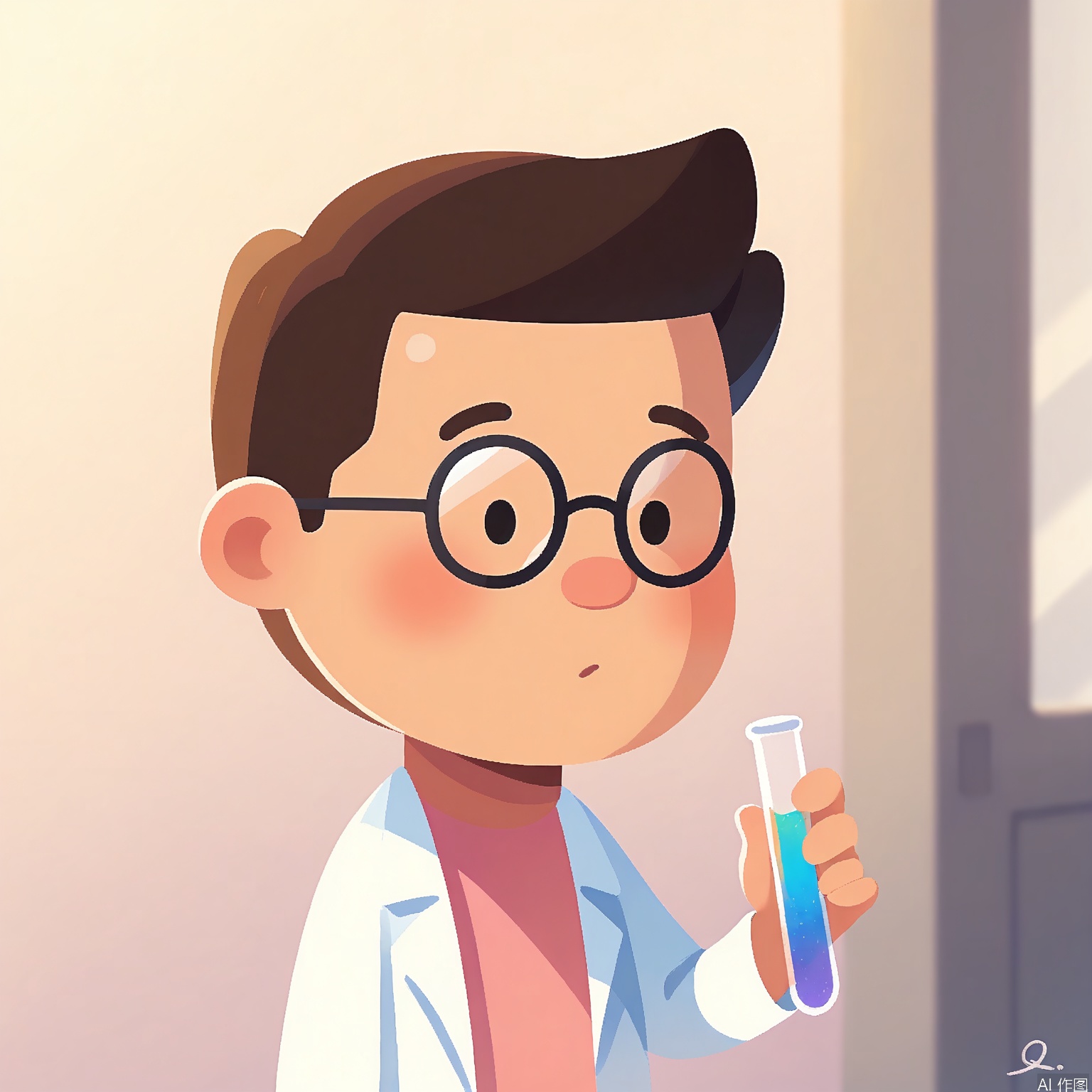DDY, A digital artwork of a young boy with glasses and messy brown hair, wearing a white lab coat and holding a test tube. He has a curious expression with a tilted head, and his eyes are magnified behind the glasses. The background is a gradient laboratory transitioning from sterile white at the top to vibrant blue at the bottom. The art style is cartoony and scientific, with clean lines and a glossy finish. The artist's signature "G. Q" is in the bottom right corner.
