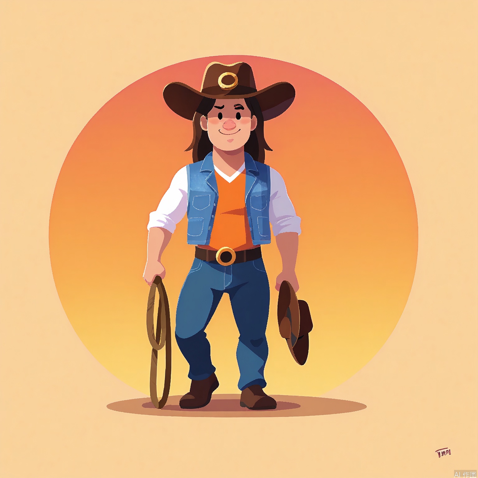 DDY, A digital drawing of a young boy with a mullet and a cowboy hat, wearing a denim vest and holding a lasso. He has a rugged expression with a sly grin, and his hat is tilted at a jaunty angle. The background is a gradient desert sunset transitioning from warm orange at the top to deep purple at the bottom. The art style is cartoony and western, with bold colors and a textured finish. The artist's signature "U. E1" is in the bottom left corner.
