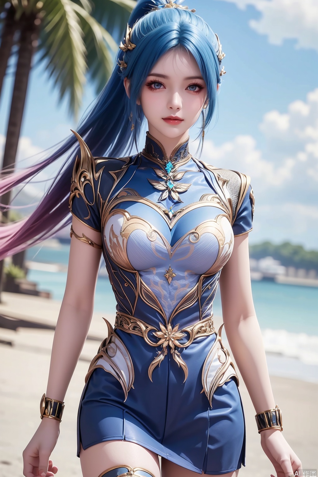 1girl, solo, long hair, blue eyes, hair ornament, dress, closed mouth, blue hair, ponytail, multicolored hair, gradient hair,masterpiece,best quality,official art,extremely detailed CG unity 8k wallpaper,Thigh exposed,thighhighs,looking at viewer,on the beach,