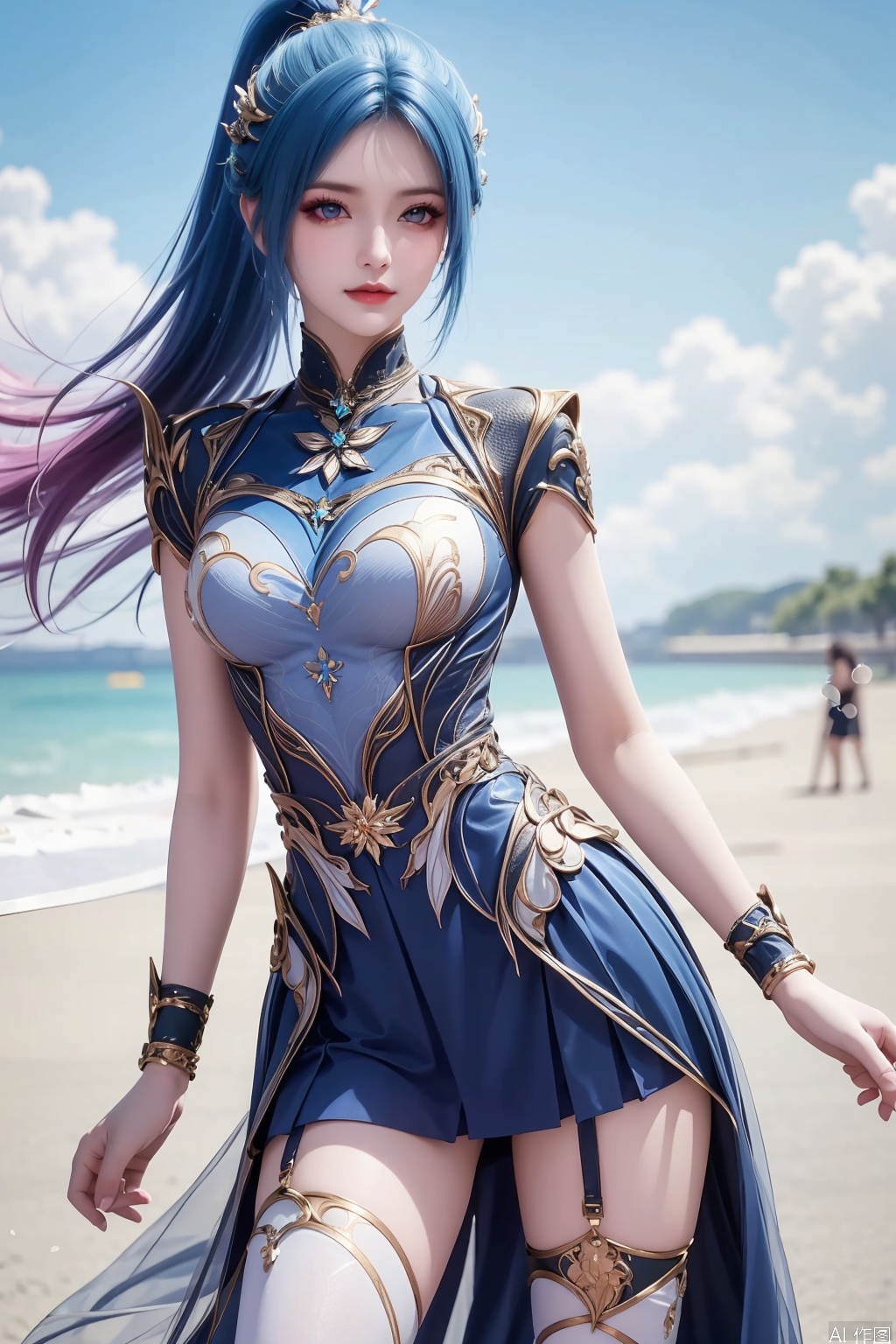 1girl, solo, long hair, blue eyes, hair ornament, dress, closed mouth, blue hair, ponytail, multicolored hair, gradient hair,masterpiece,best quality,official art,extremely detailed CG unity 8k wallpaper,Thigh exposed,thighhighs,looking at viewer,on the beach,