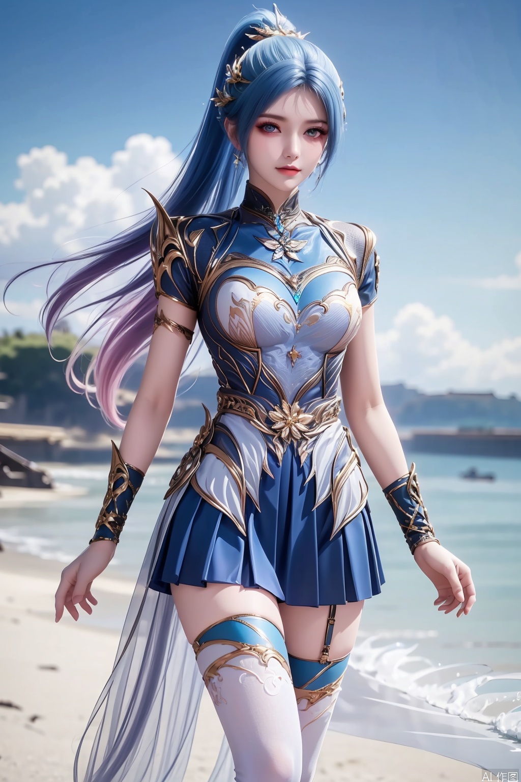 1girl, solo, long hair, blue eyes, hair ornament, dress, closed mouth, blue hair, ponytail, multicolored hair, gradient hair,masterpiece,best quality,official art,extremely detailed CG unity 8k wallpaper,Thigh exposed,thighhighs,looking at viewer,on the beach,