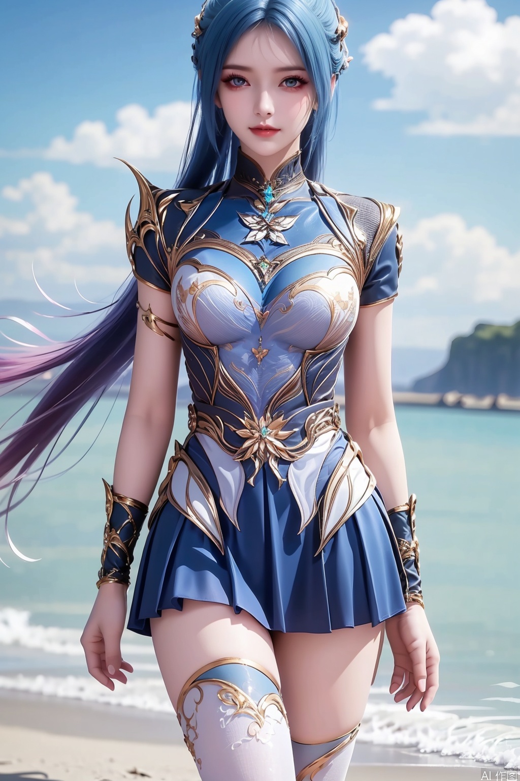 1girl, solo, long hair, blue eyes, hair ornament, dress, closed mouth, blue hair, ponytail, multicolored hair, gradient hair,masterpiece,best quality,official art,extremely detailed CG unity 8k wallpaper,Thigh exposed,thighhighs,looking at viewer,on the beach,