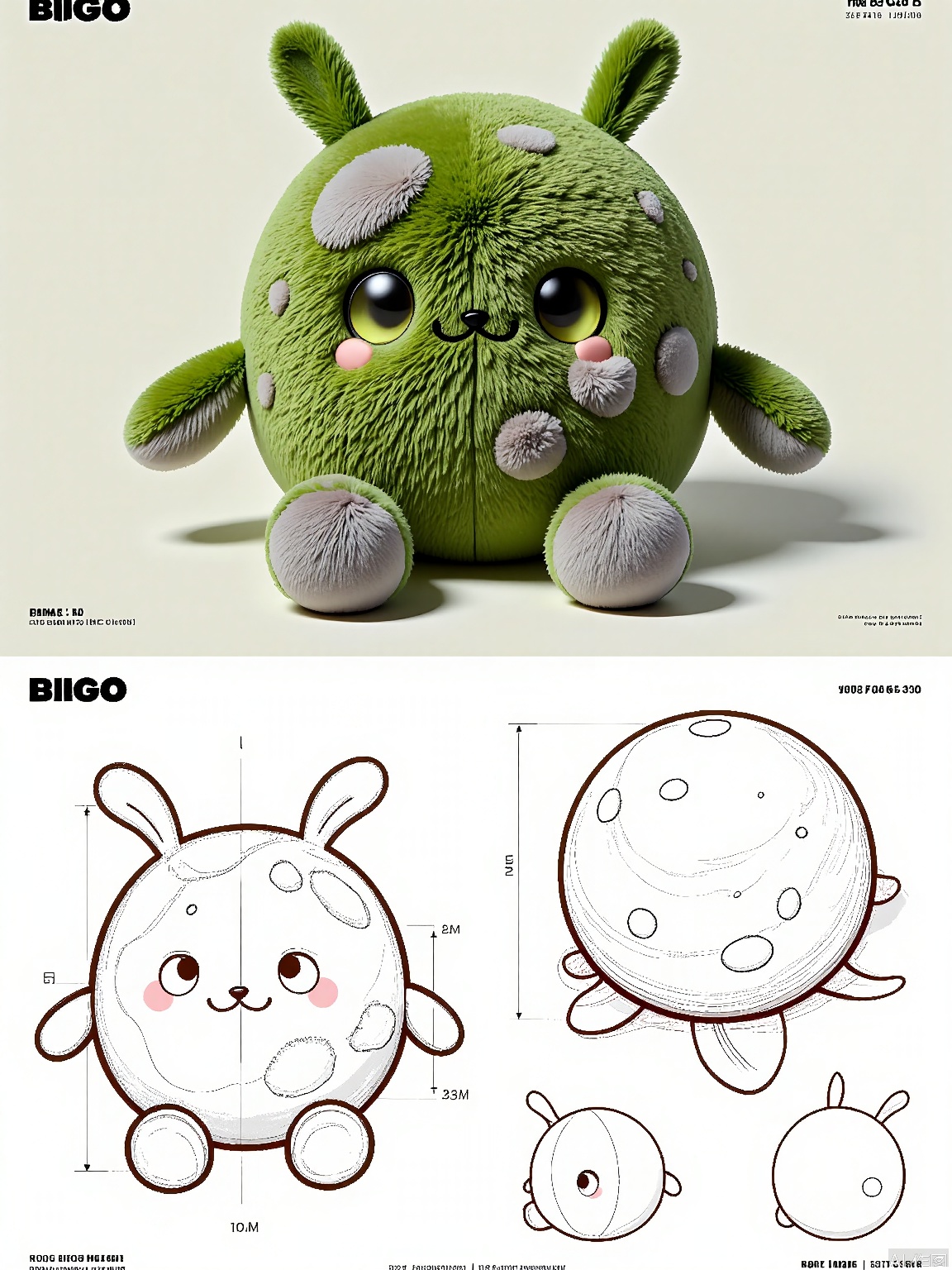 SJG, 
A digital depiction of a strange plush animal with a rock-like body covered in moss and lichen, stubby legs, and a pair of glowing green eyes. The animal is presented in various poses: sitting still, blending into its surroundings, and from a top-down view showing its natural camouflage. The illustration comprises a 3D model view, an intricate line drawing focusing on its earthy textures, and a full-body sketch. The animal has a grounded and mysterious design, outlined in a dark brown line with minimal shading to enhance its mossy appearance. The background is a muted forest floor, providing a natural setting suitable for a nature-themed toy or educational game.
