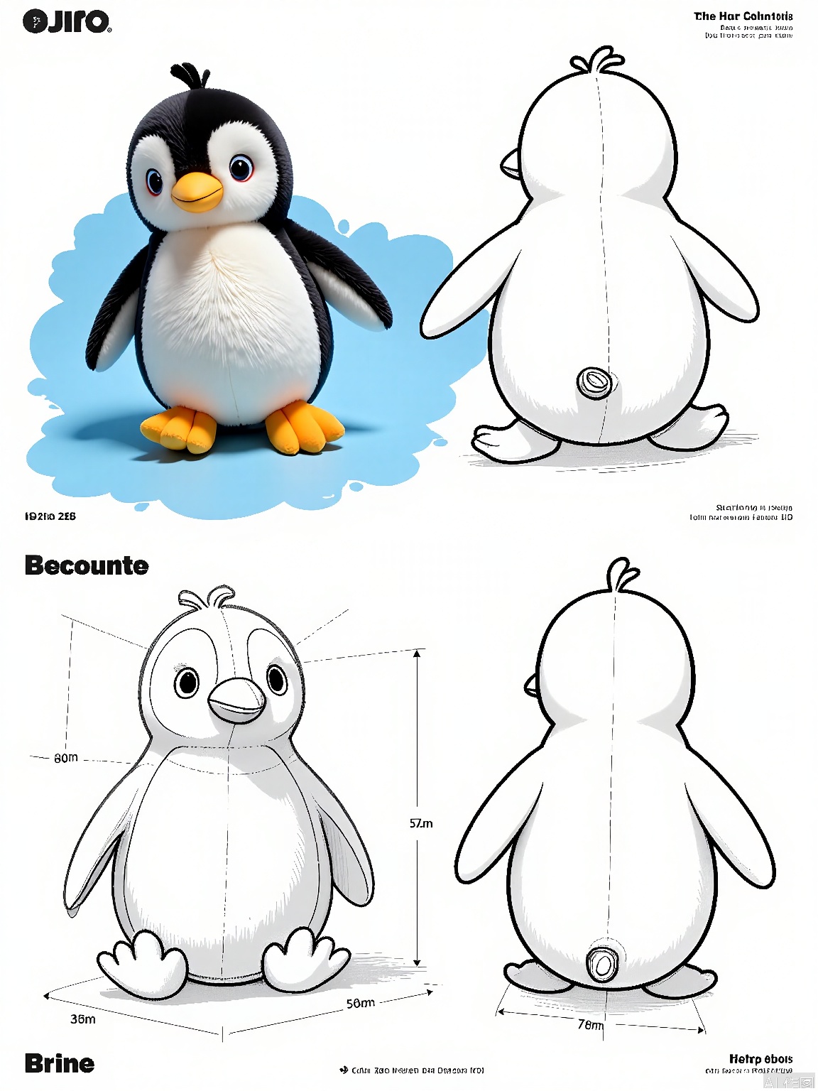 SJG, 
A digital rendering of a quirky cartoon penguin with a black and white tuxedo-like appearance, a round belly, and a waddle of short legs. The penguin is depicted in various stances: sliding on its belly, standing proudly, and from a side profile. The illustration encompasses a 3D model view, a meticulous line drawing emphasizing its comical expression, and a complete body sketch. The penguin has a cute and humorous design, outlined in a bold black line with subtle shading to add volume. The background is a cool blue, representing icy waters, making the illustration suitable for a winter-themed toy or children's book.
