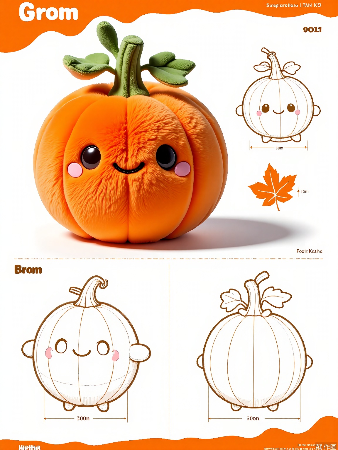SJG, 
A digital artwork featuring a whimsical plush creature with a round, pumpkin-like body, a stem for a nose, and leaves for hair. The creature is illustrated in positions: smiling, rolling, and from a top-down view showing its pumpkin texture. The design includes a 3D model visualization, a detailed line drawing showcasing its autumn charm, and a full-body sketch. The creature has a festive and seasonal design, outlined in a warm orange line with gentle shading to add depth. The background is a fall-colored landscape, creating a harvest atmosphere suitable for a Halloween-themed toy or decorative item.
